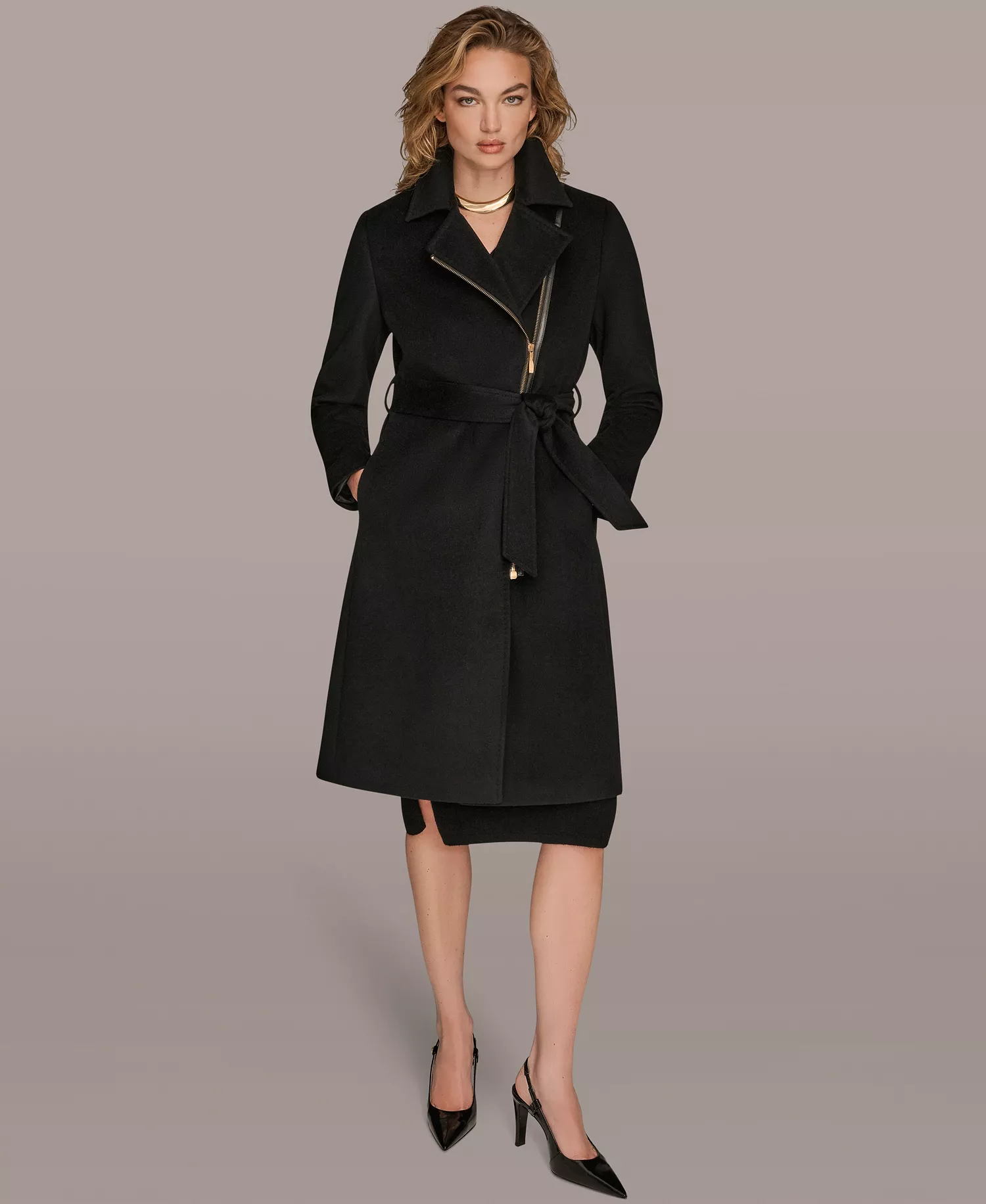 Women's Notch Collared Belted Coat - Black - L