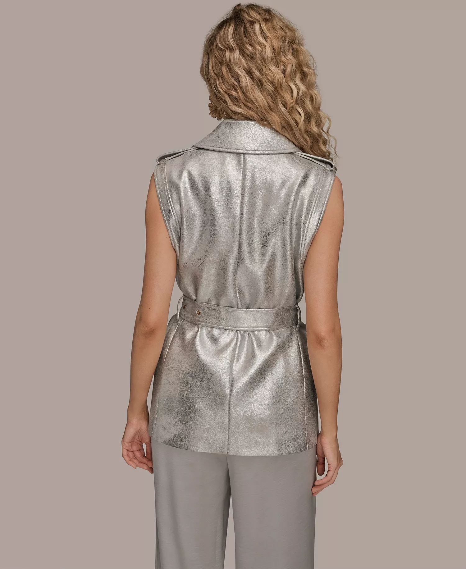 Women's Notch Lapel Collar Metallic Belted Vest - Vapor - L
