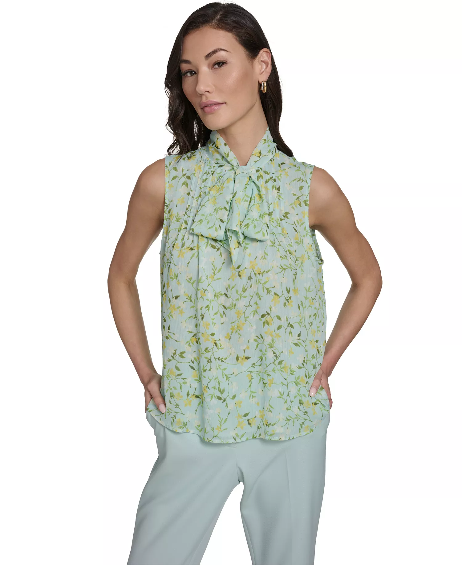 Women's Floral Vine Pintuck Top - Harbor Gray/Sunshine - L