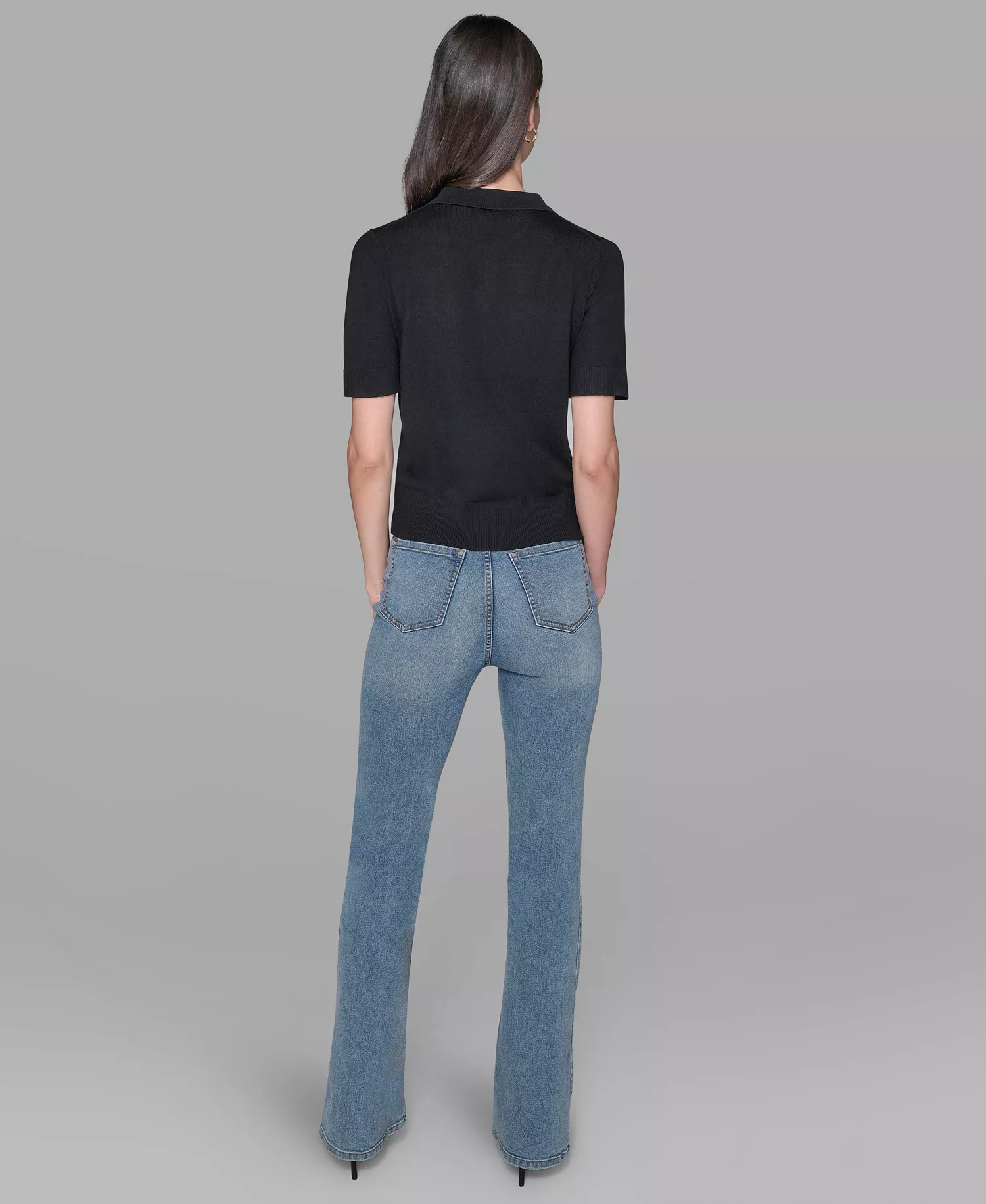 Women's Short-Sleeve Button-Front Sweater - Black - XS