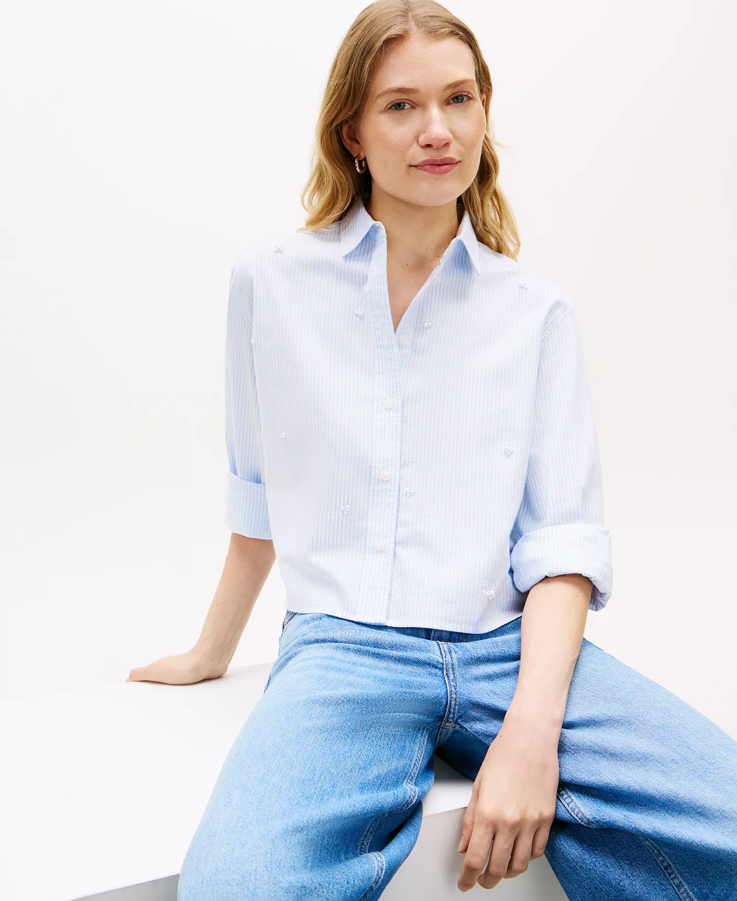 Women's Bling Cropped Long-Sleeve Shirt - Classic Ithaca White Vessel Blue - L