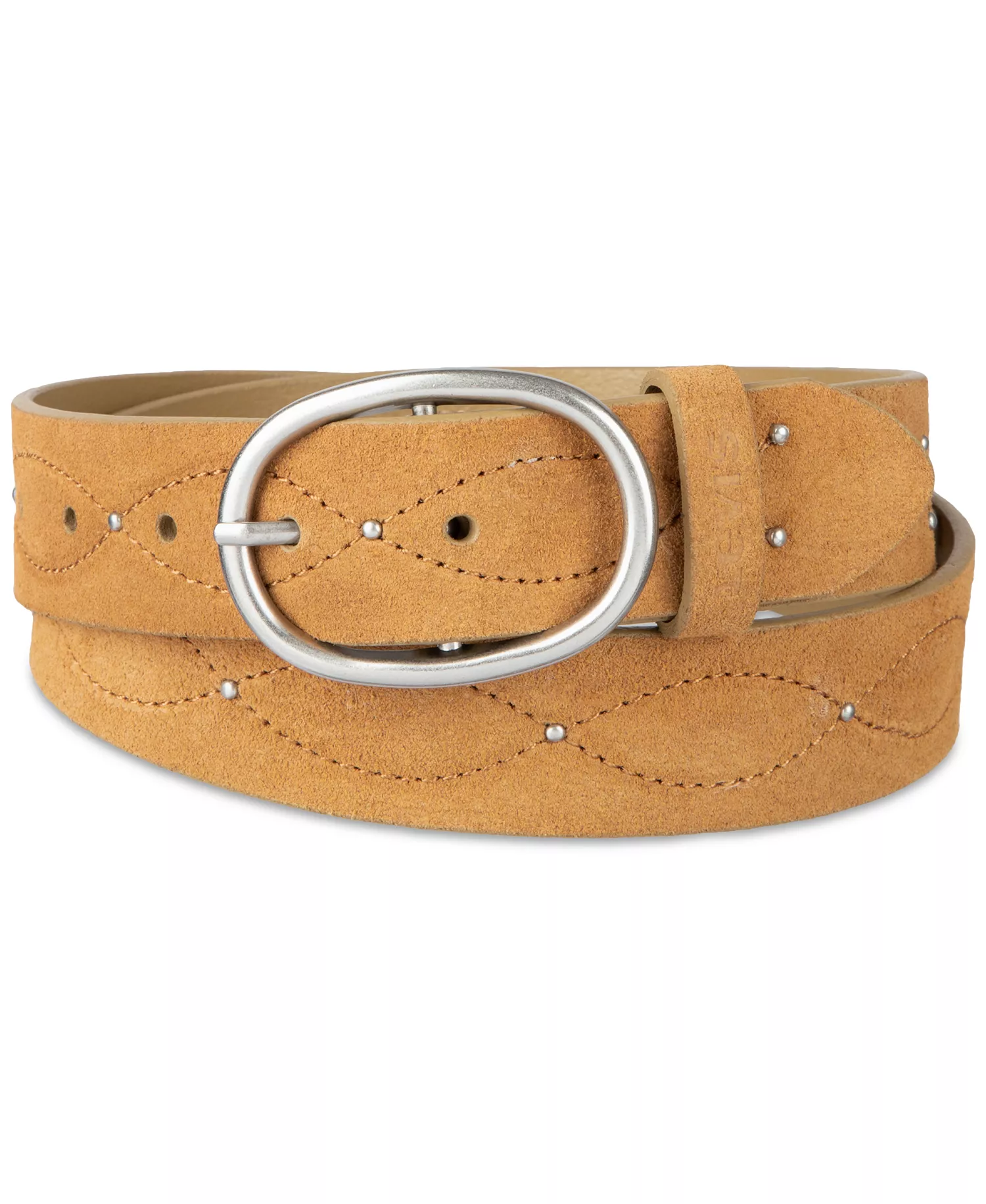 Western Stitched & Studded Suede Belt - Dark Beige - L