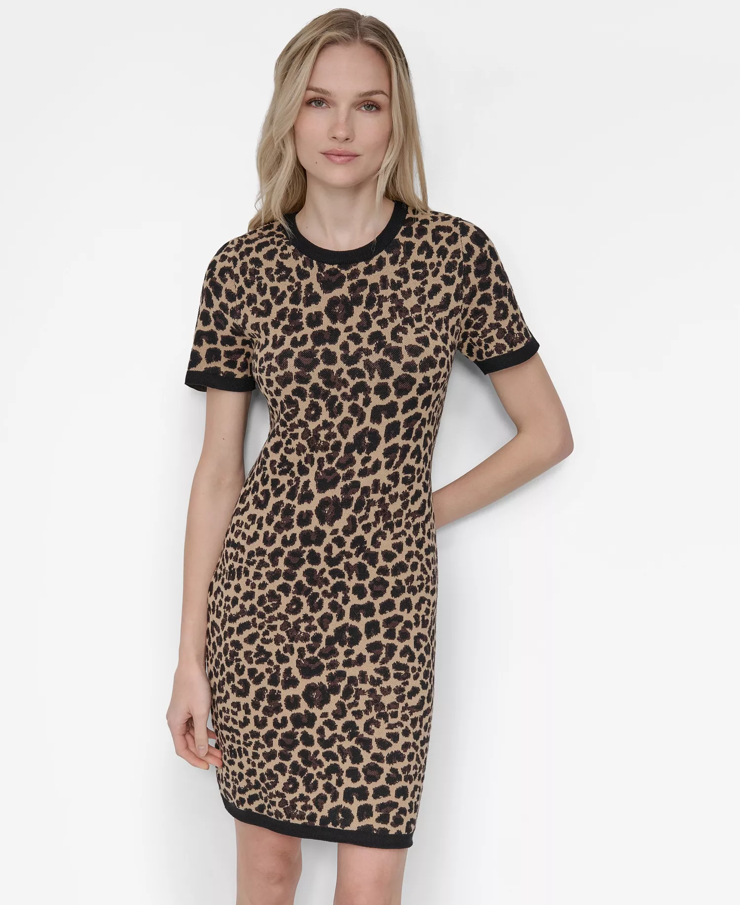 Women's Short Sleeve Leopard Sweater Dress - Travertine/Black - M