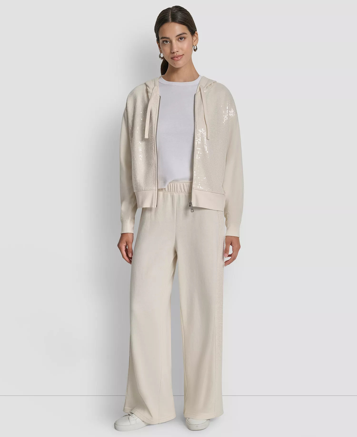 Women's Mid-Rise Sequin Detail Wide Leg Pants - Egg Nog - L