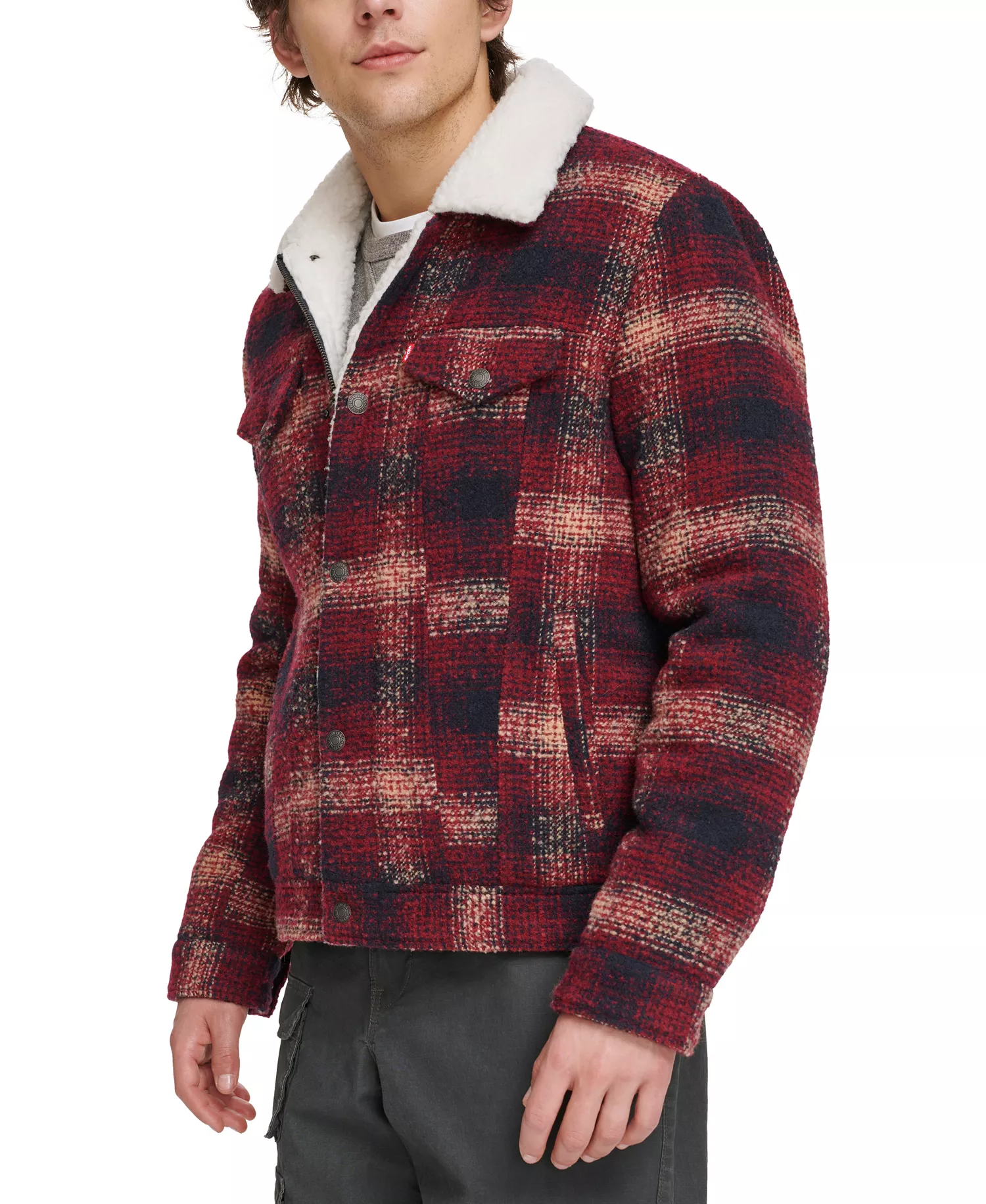 Men's Plaid Fleece-Lined Trucker Jacket - Red Multi - 2XL