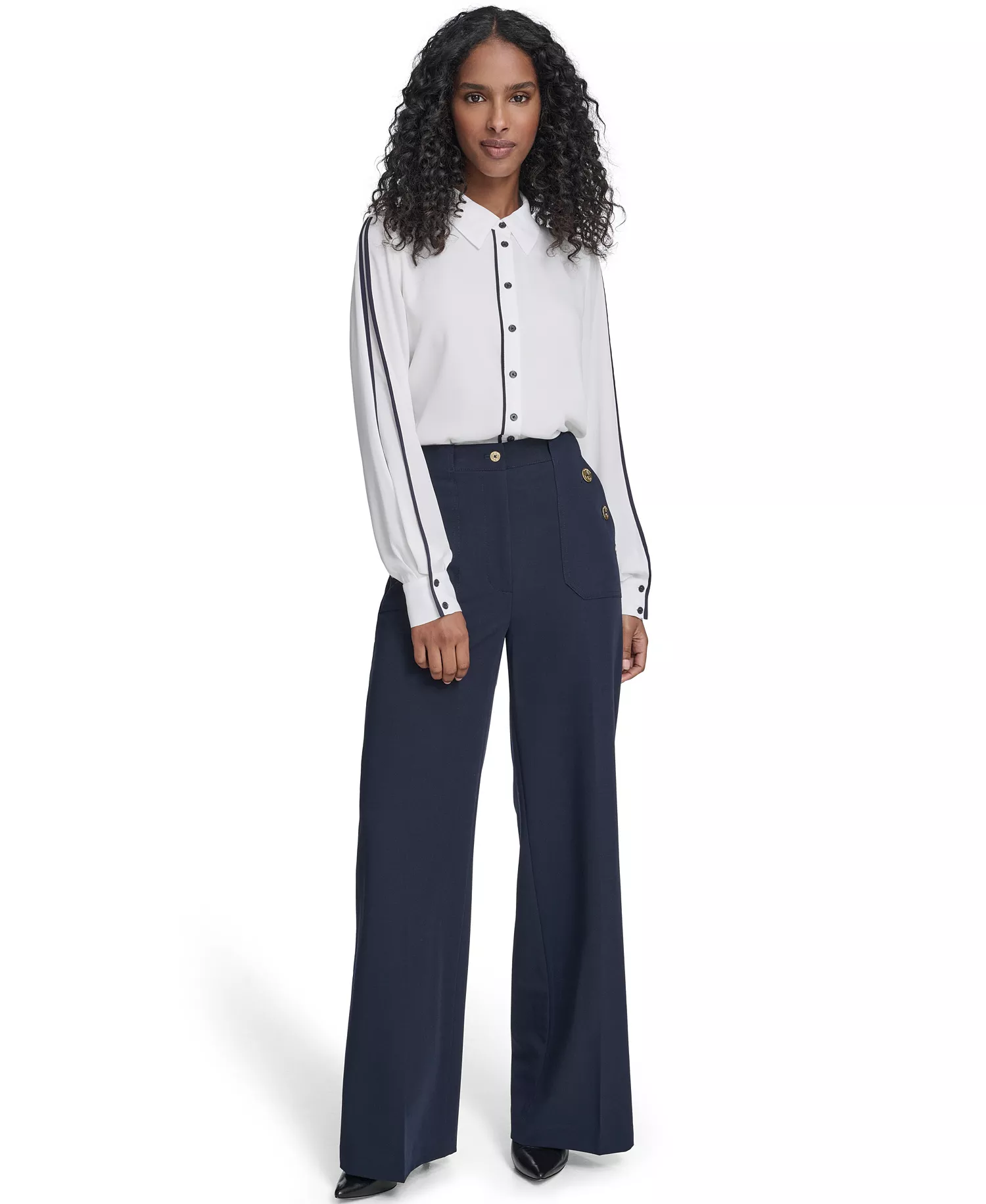 Women's Long Sleeve Contrast Trim Button-Up Blouse - Ivory - L