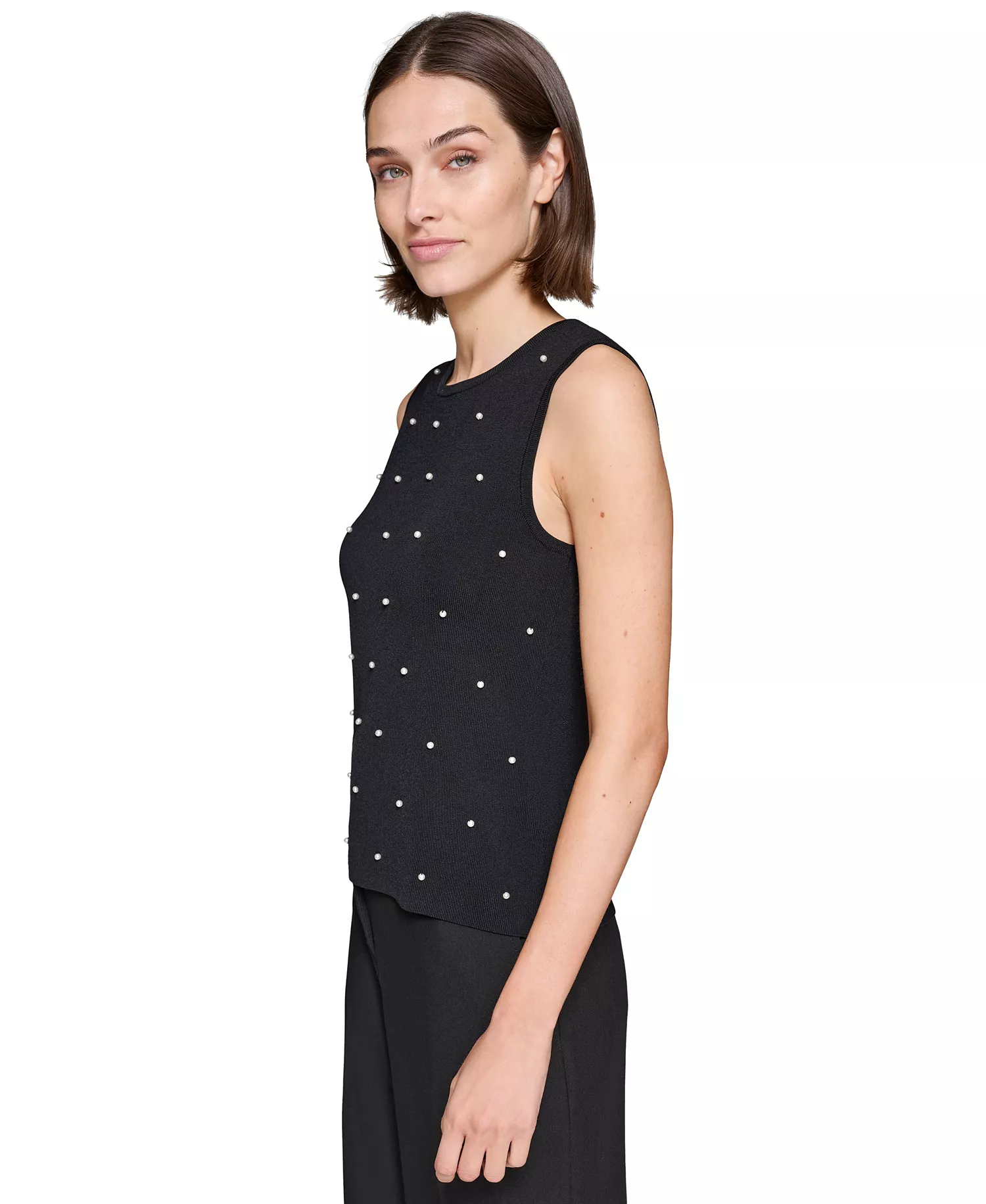Karl Lagerfeld Women's Round-Neck Faux-Pearl Sleeveless Sweater Top - Black - L