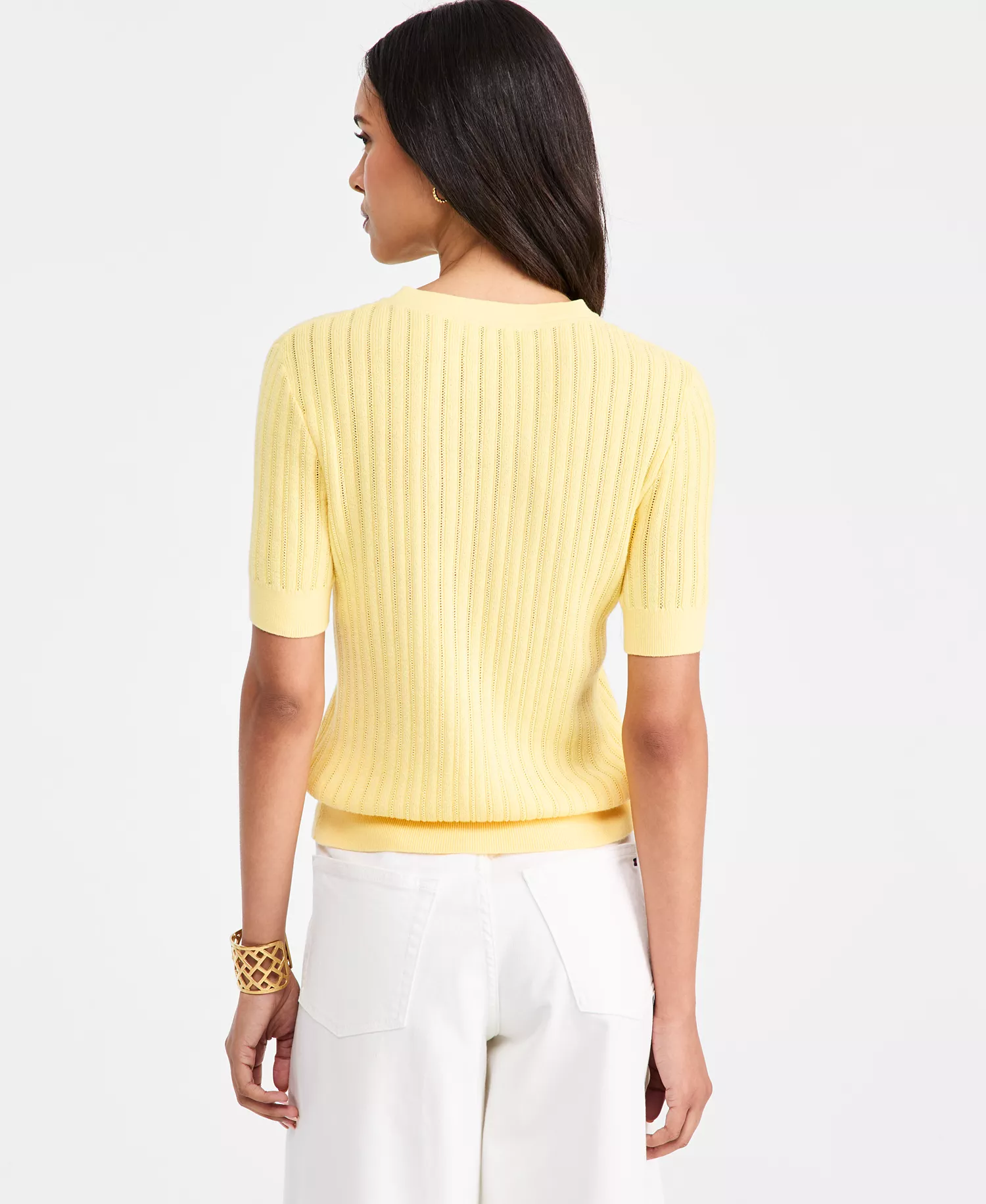 Women's Pointelle Ribbed Short-Sleeve Sweater - Citronella - L
