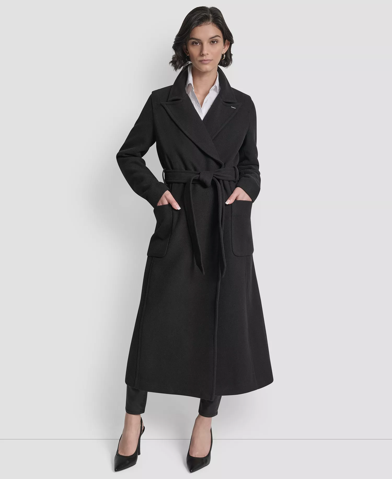 Women's Notch Collar Belted Wrap Coat - Black - L