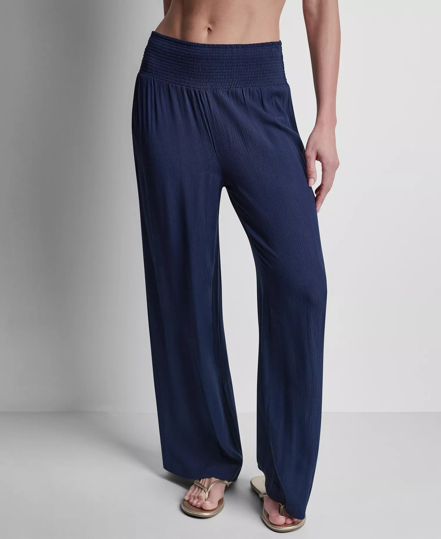 Women's Smocked-Waist Cover-Up Pull-On Pants - Black - L