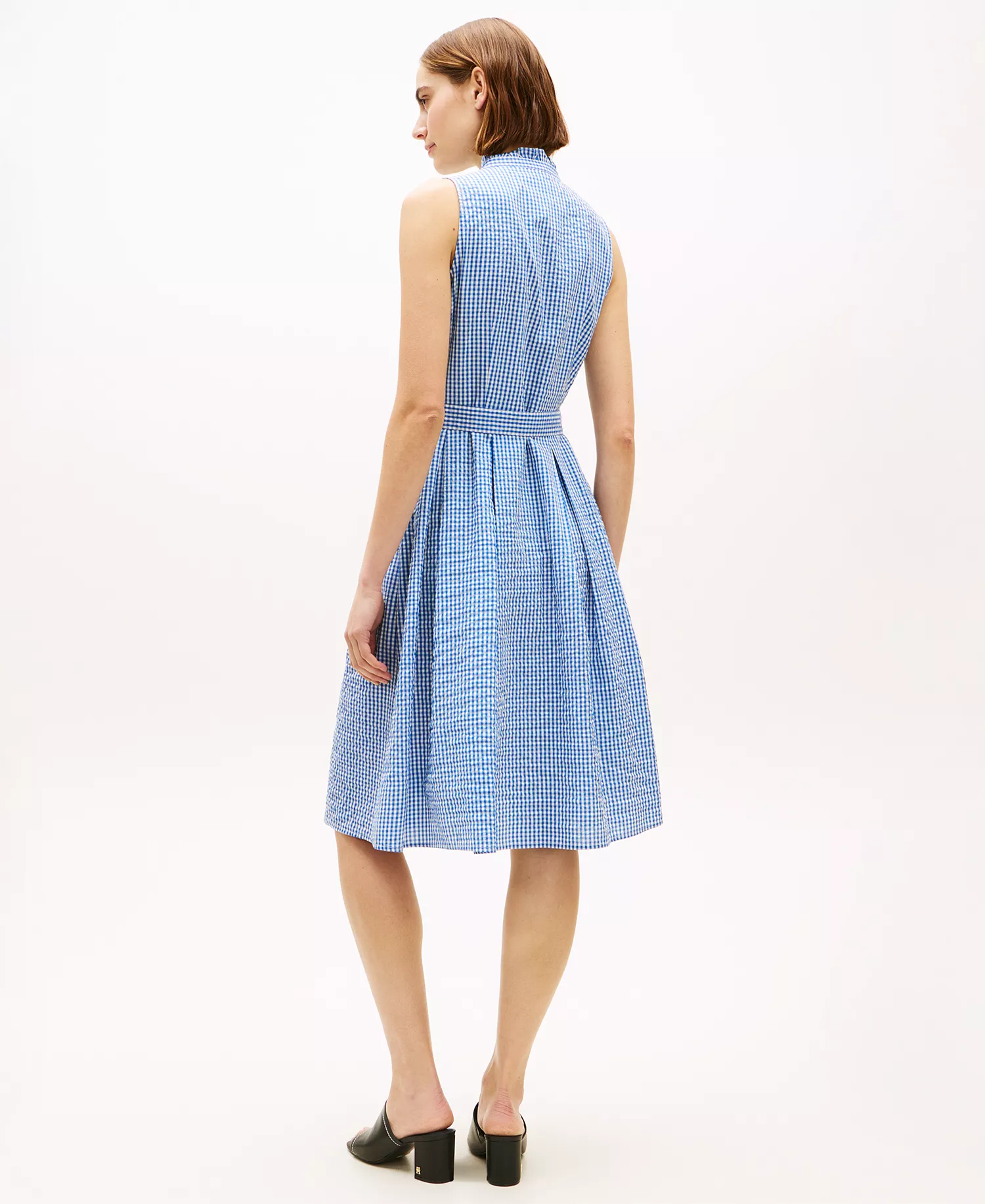 Women's Sleeveless Collared Frill Dress - Blue - L