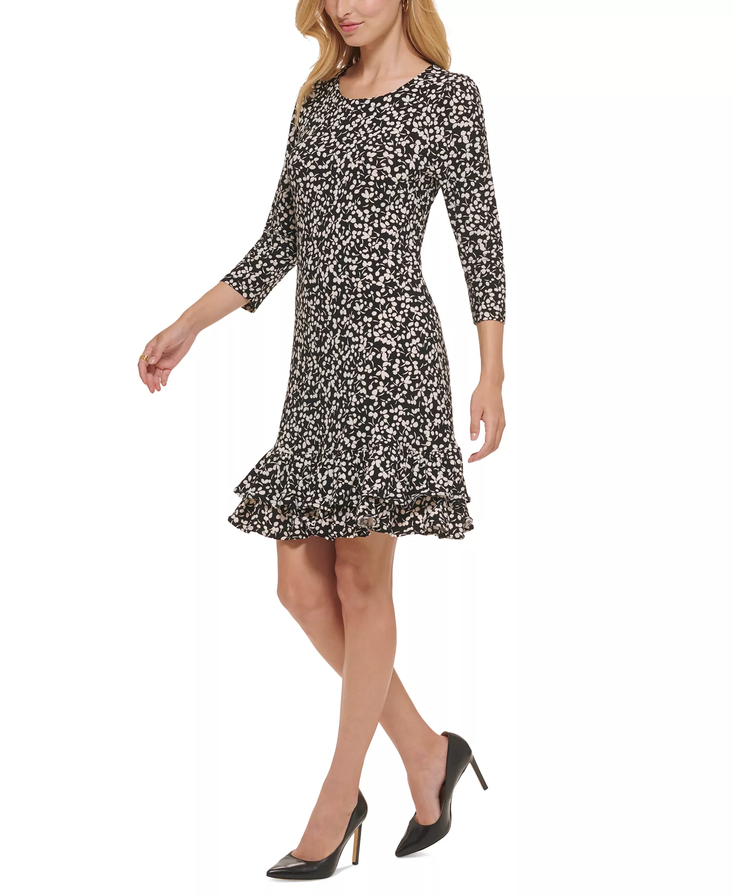 Women's Floral-Print Shift Dress with Ruffled Hem - Black,whitecap - 10