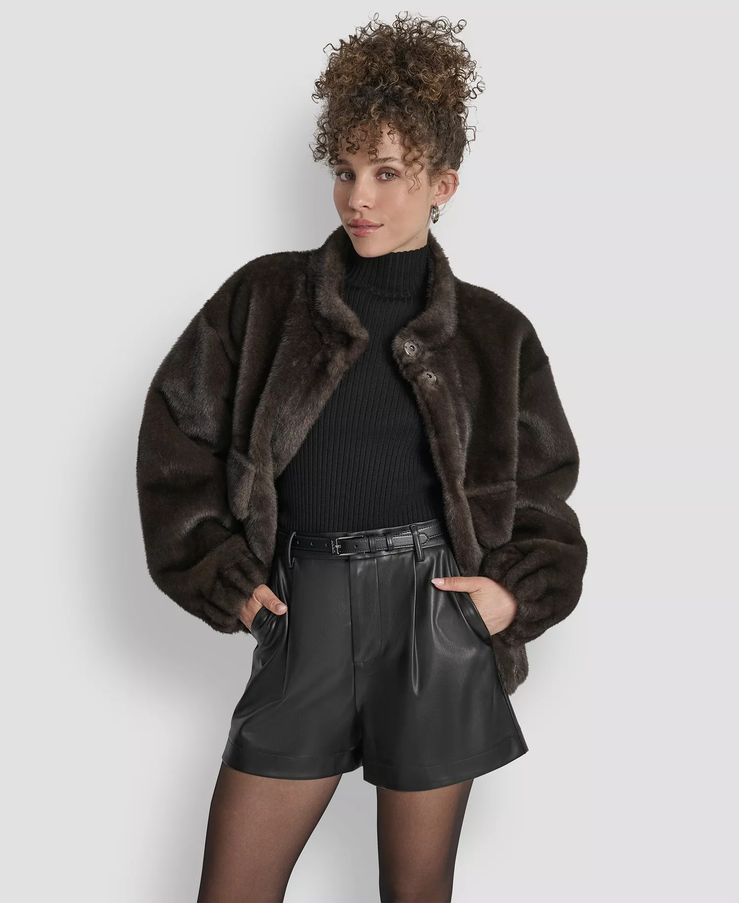 Women's Collar Neck Bomber Coat - Dark Brown - S