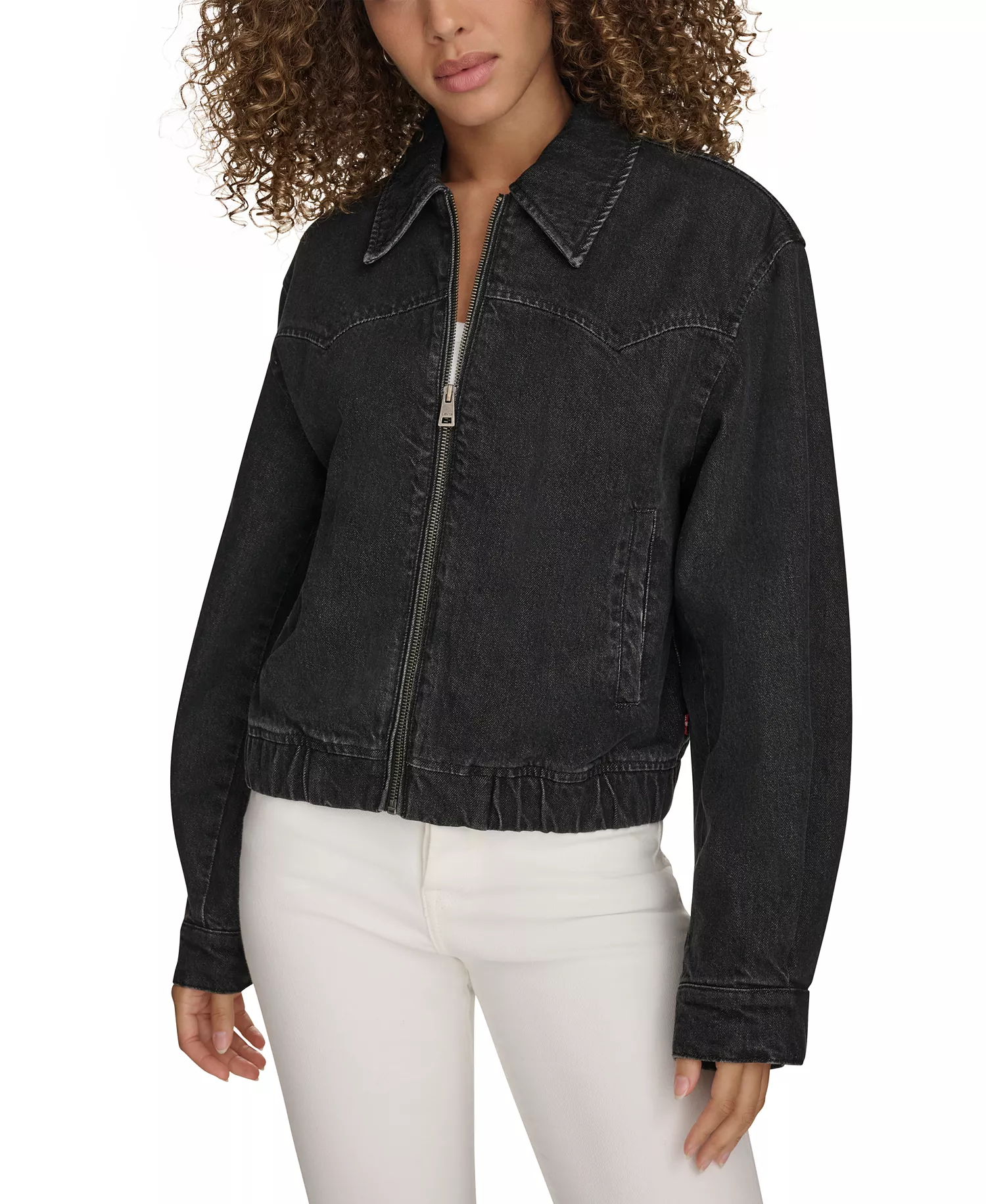 Women's Western Zip-Front Denim Bomber Jacket - Black Wash Denim - L