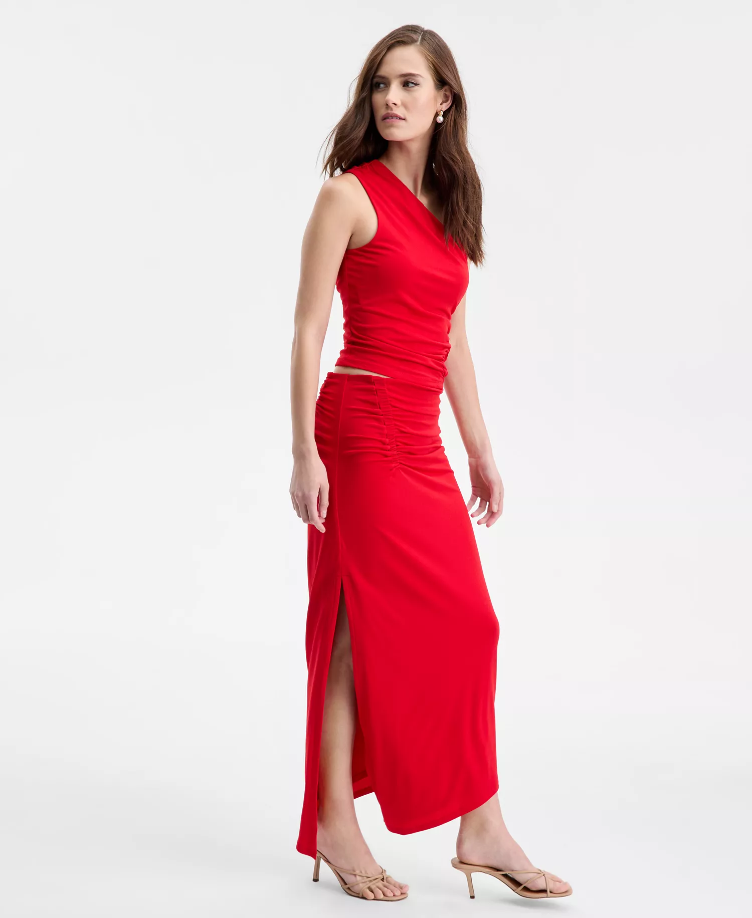 Women's Asymmetrical Ruched Midi Skirt, Macy's Exclusive - Ablaze - L