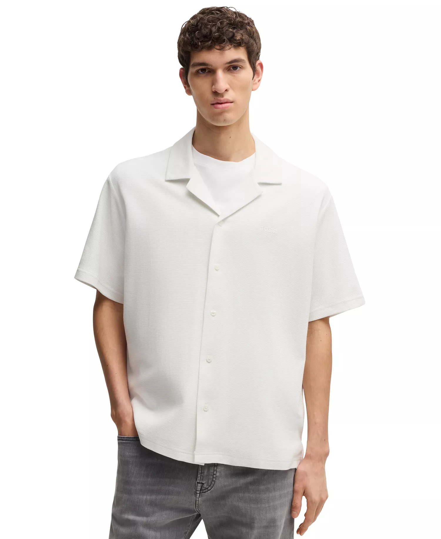 Men's Waffle Cotton Relaxed-Fit Shirt - Natural - L
