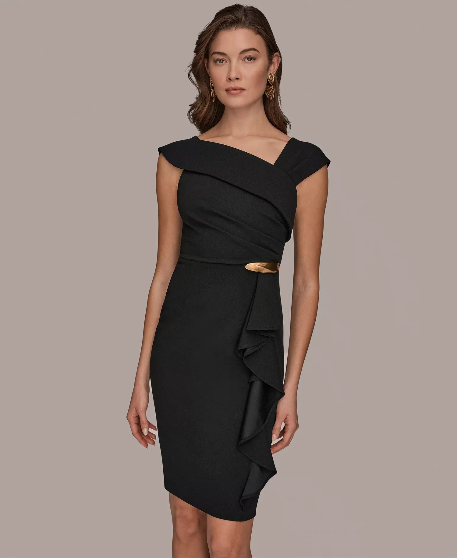 Women's Asymmetrical Neck Sheath Ruffle Dress - Black - 10