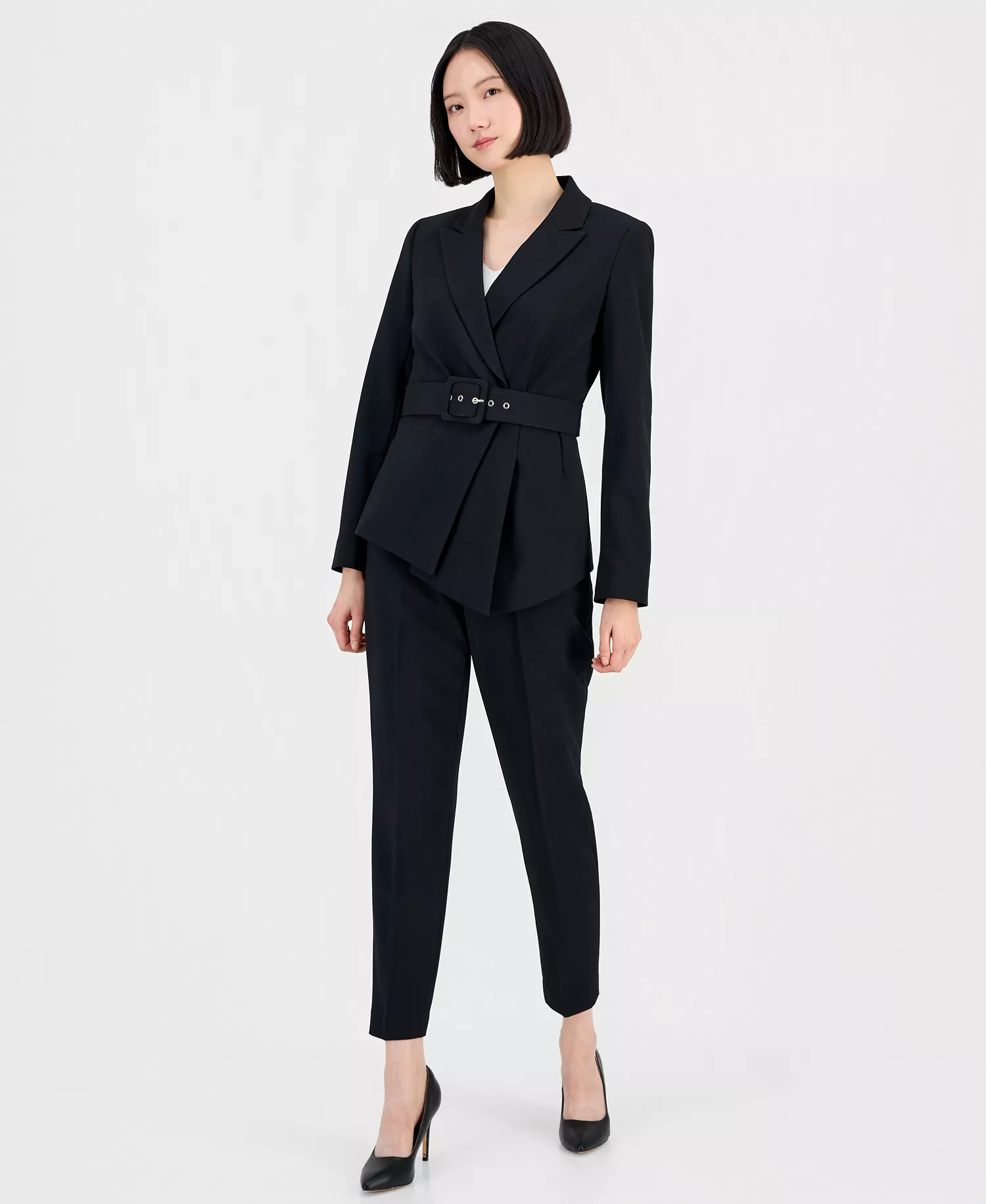 Women's Belted Asymmetrical Jacket & Slim-Fit Pantsuit Set - Black - 10