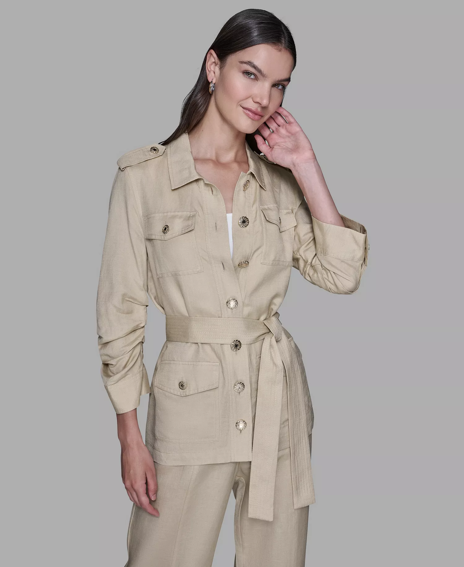 Women's Collared Linen-Blend Belted Jacket - Desert Sand Multi - L