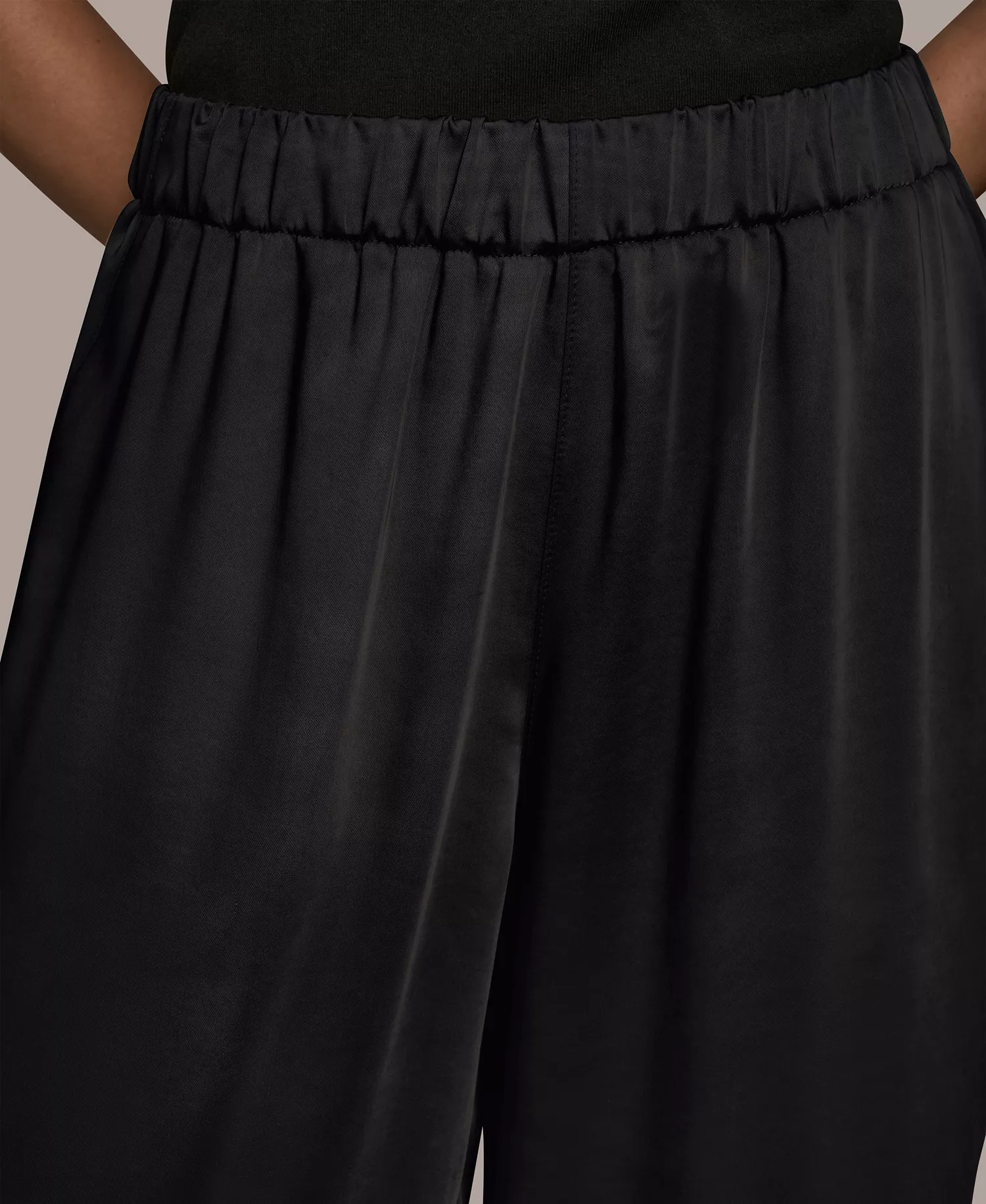 Women's Pull-On Satin Mid Rise Wide Leg Pants - Black - L