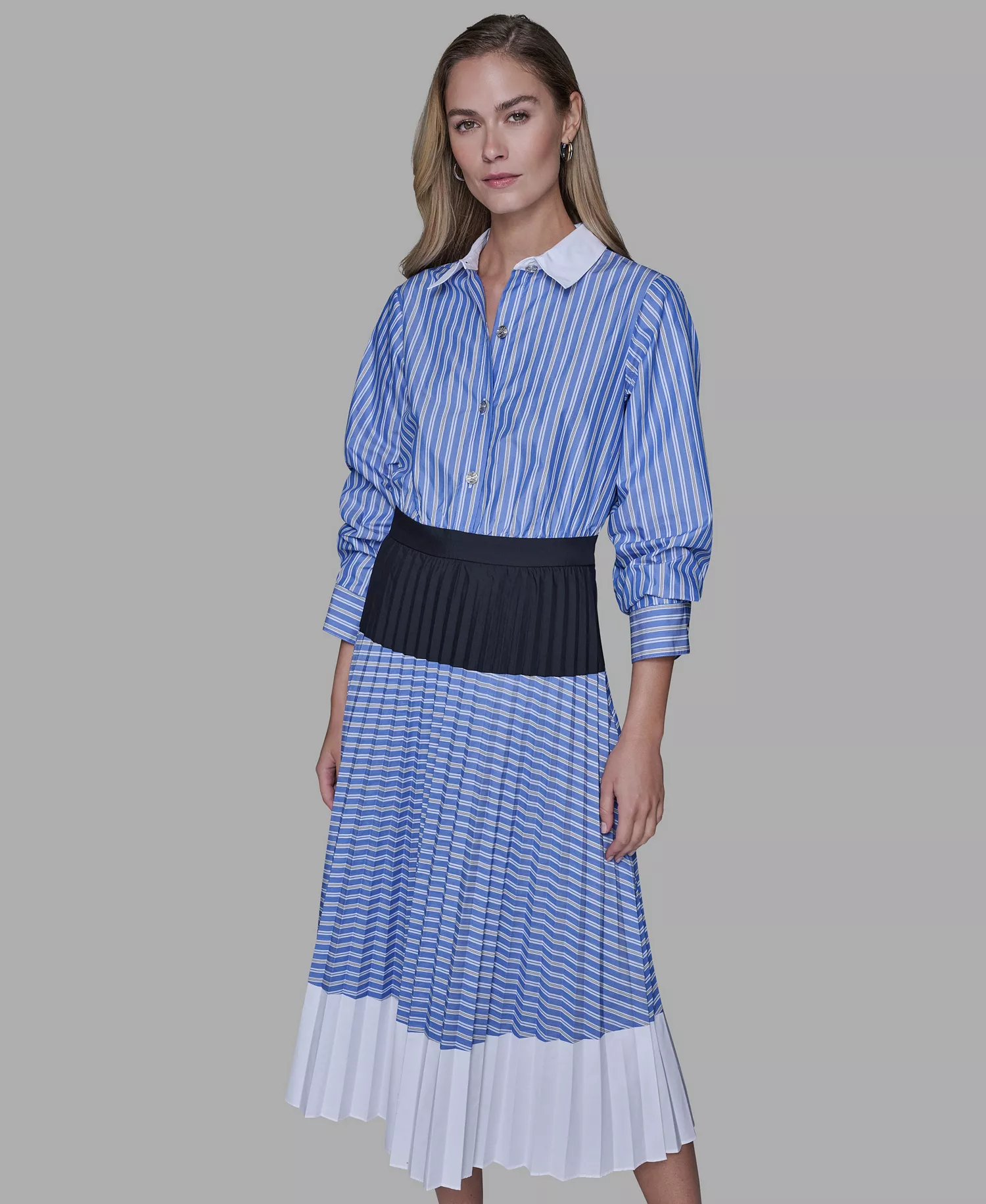Women’s 3/4 Sleeve Colorblock Pleated Midi Dress - French Blue Combo - 10