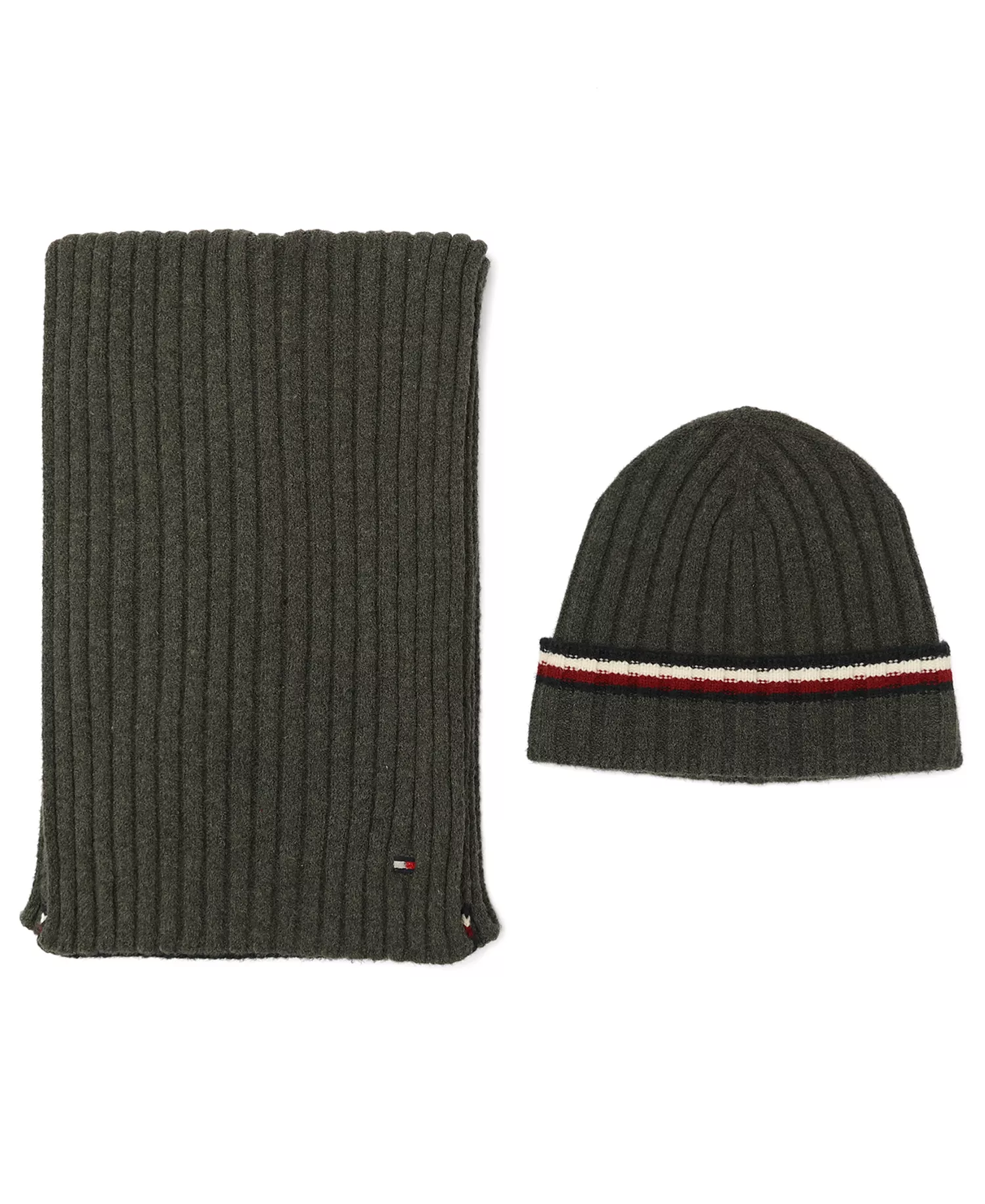 Men's 2-Piece Wide Rib Global Stripe Cuff Beanie and Scarf Set - Dark Grey Heather - ONE SIZE