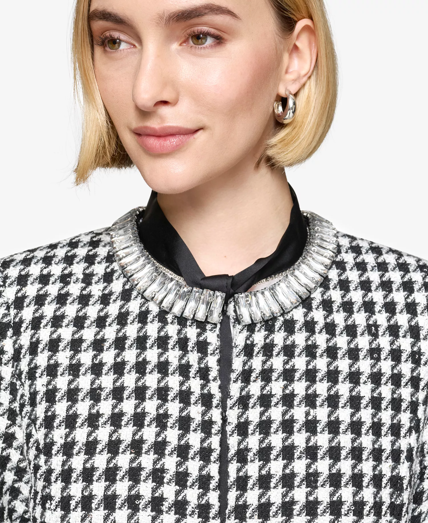Women's Convertible Rhinestone-Collar Houndstooth Jacket - Black/Soft White - 10