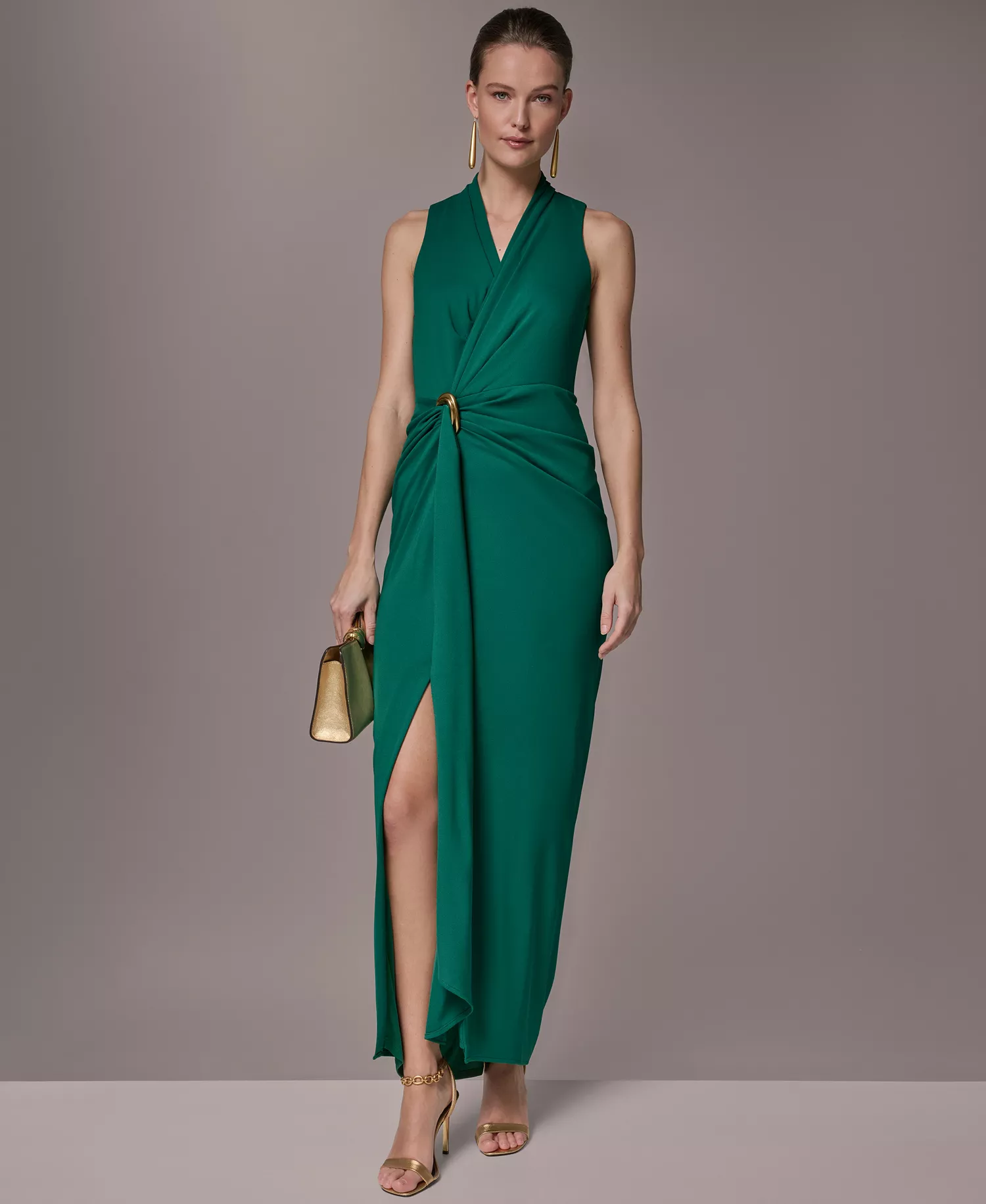 Women's Draped Faux-Wrap Gown - Black - 10