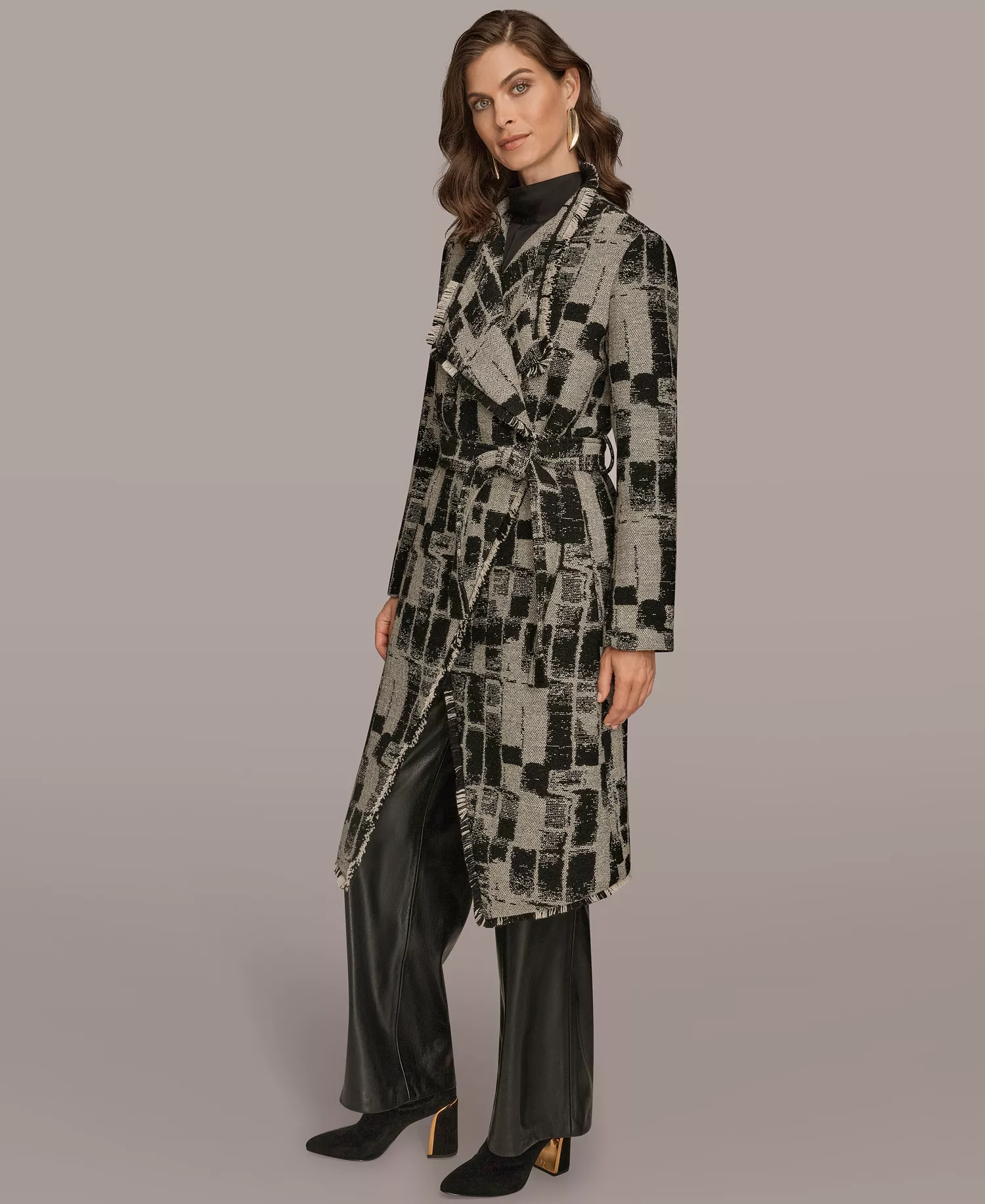 Women's Collared Self Belt Coat - Black/Cream - L