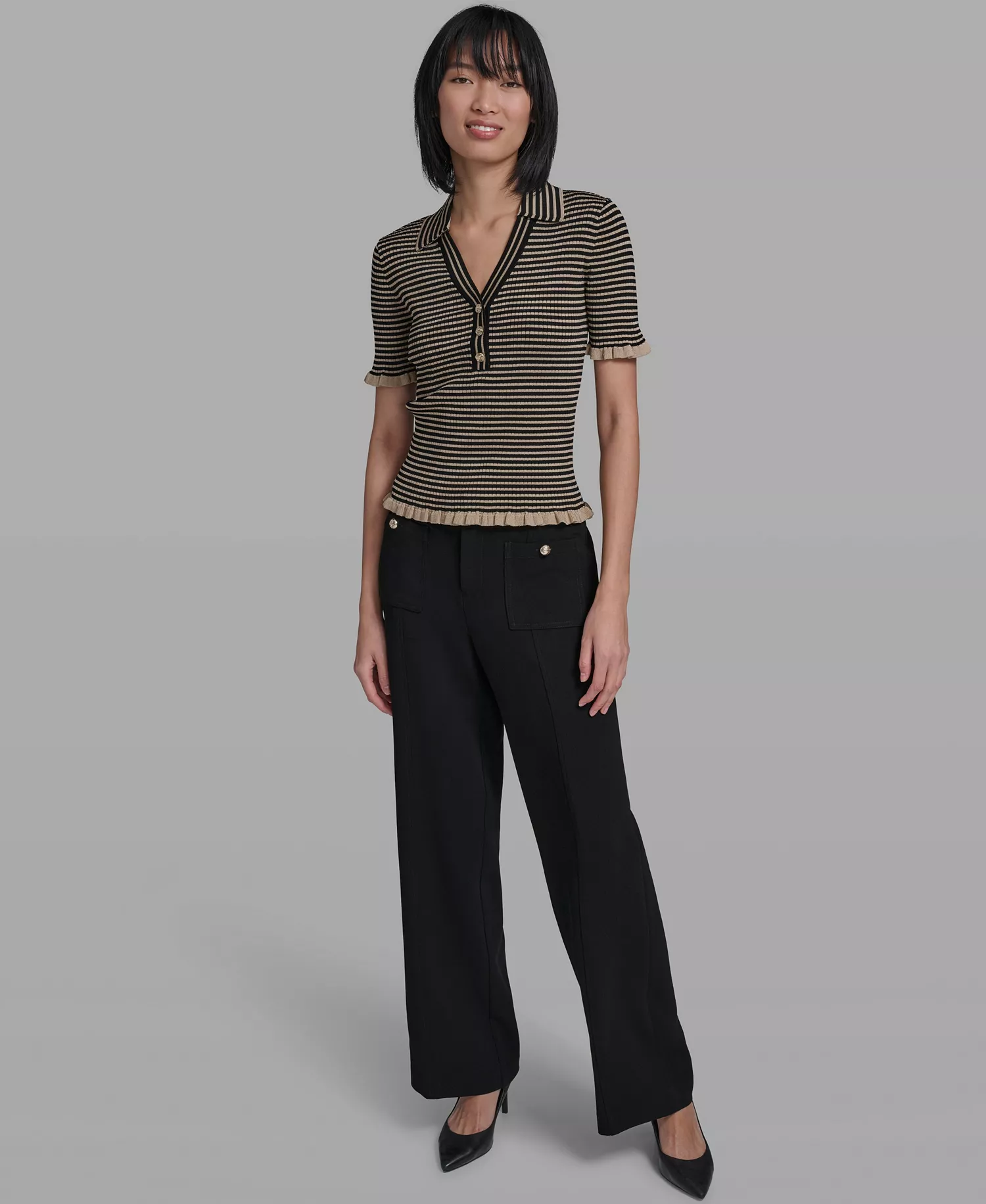 Women's Collared Short-Sleeves Sweater - French Beige/black - L