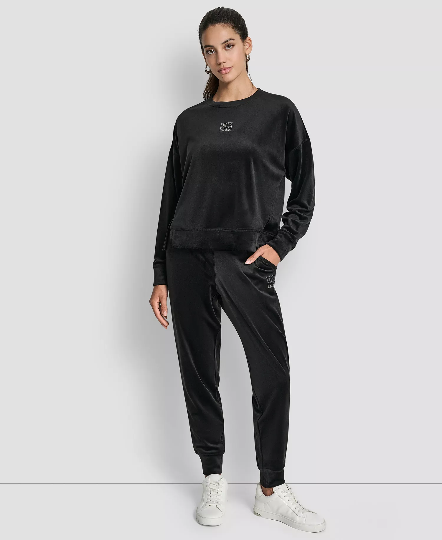 Women's Super Soft Velour Rhinestone Stacked Logo Crewneck Pullover Top - Black - L