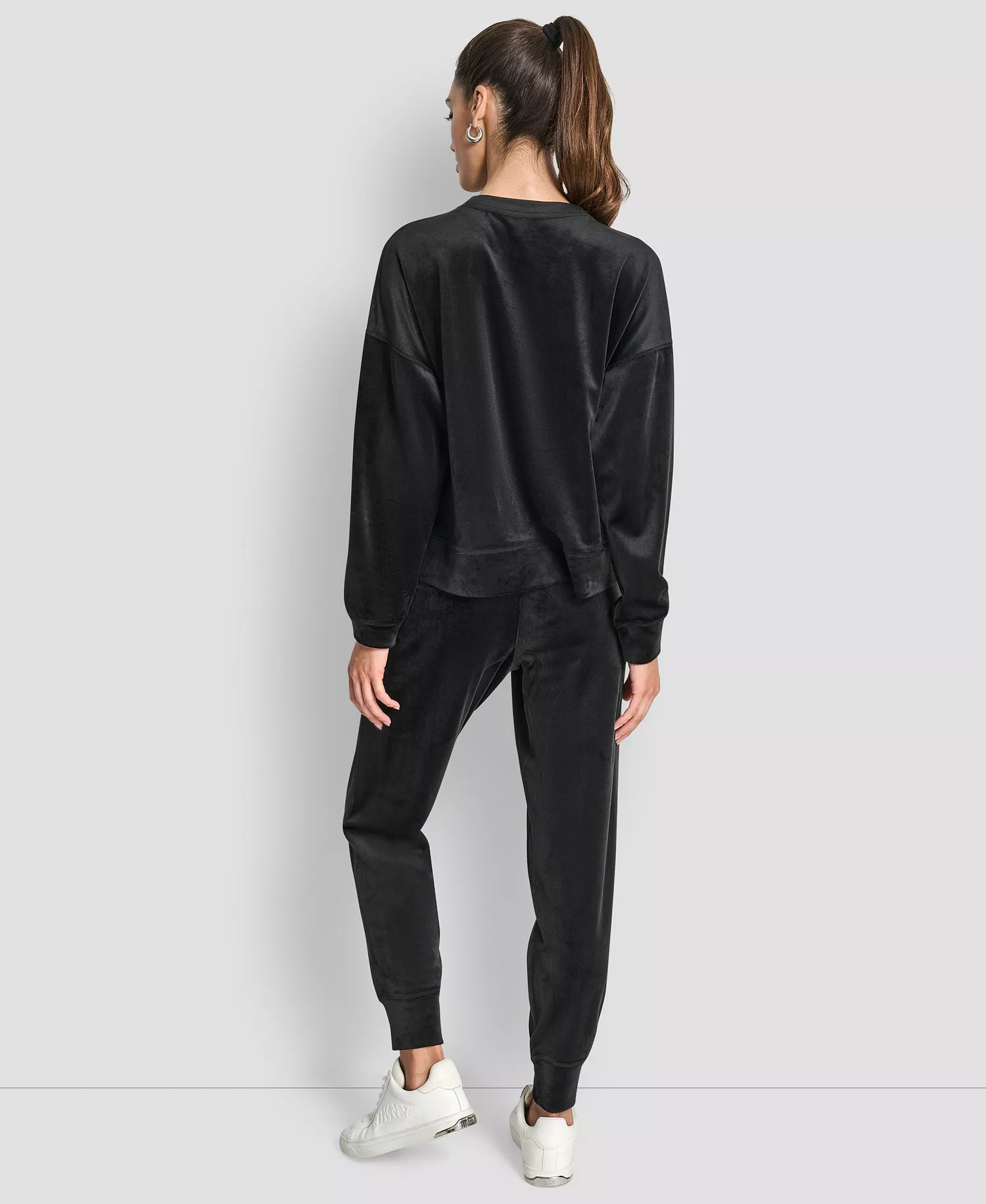 Women's Super Soft Velour Rhinestone Stacked Logo Crewneck Pullover Top - Black - L