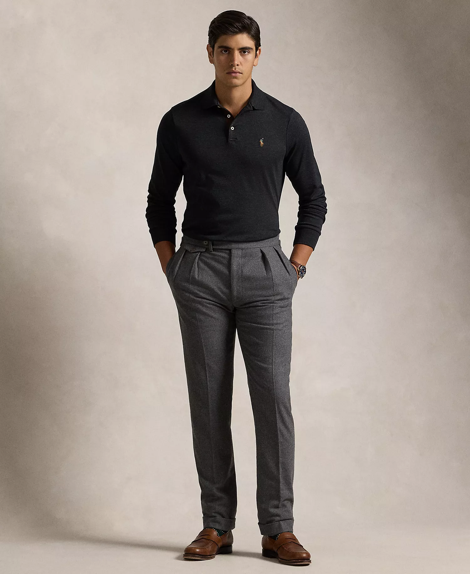 Men's Classic-Fit Long Sleeve Soft Cotton Polo Shirt - Black Marl Heather - 2XL