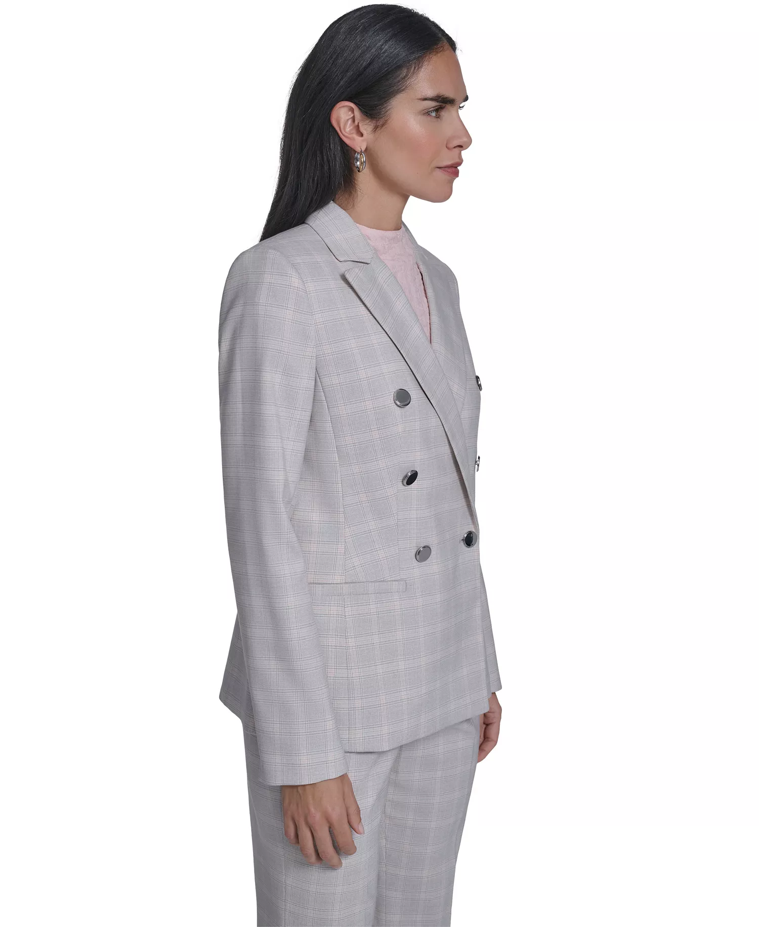 Women's Windowpane Double-Breasted Jacket, Textured Mock Neck Cap Sleeve Top, and Windowpane Modern Fit Pants - Gray - 10