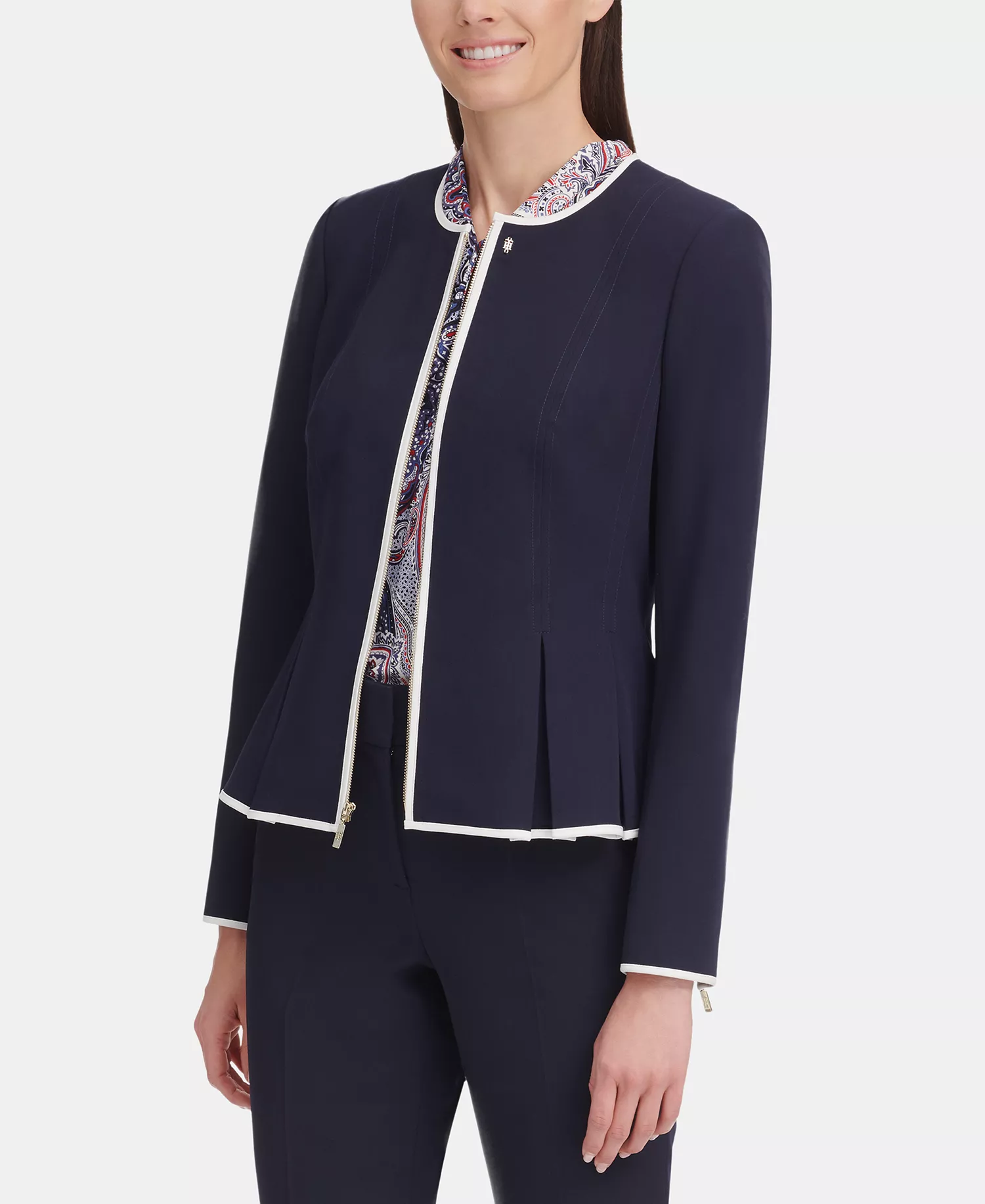 Women's Zip-Front Peplum Jacket - Midnight/Ivory - 0