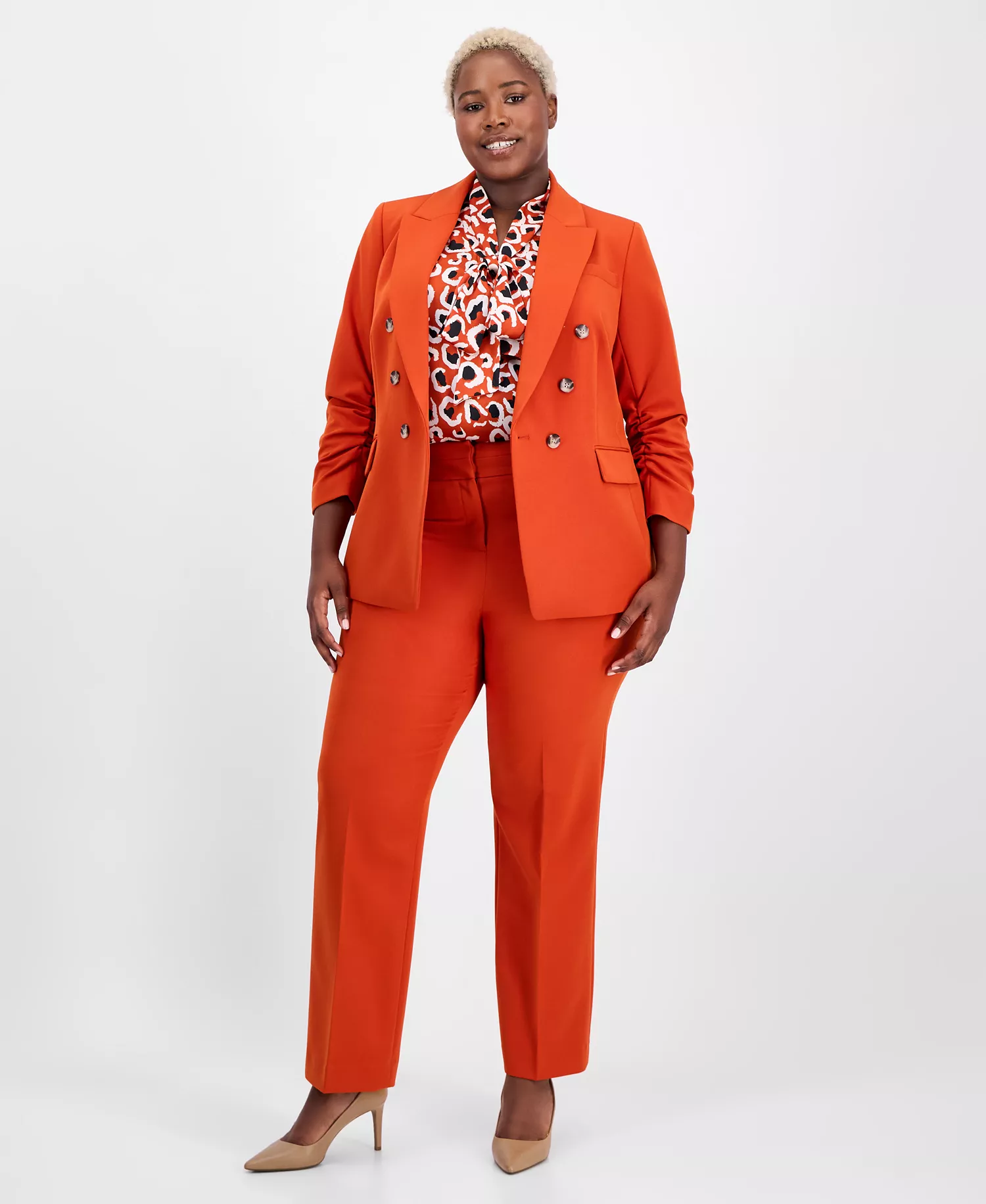 Plus Size Double-Breasted Ruched-Sleeve Jacket - Persimmon - 14W