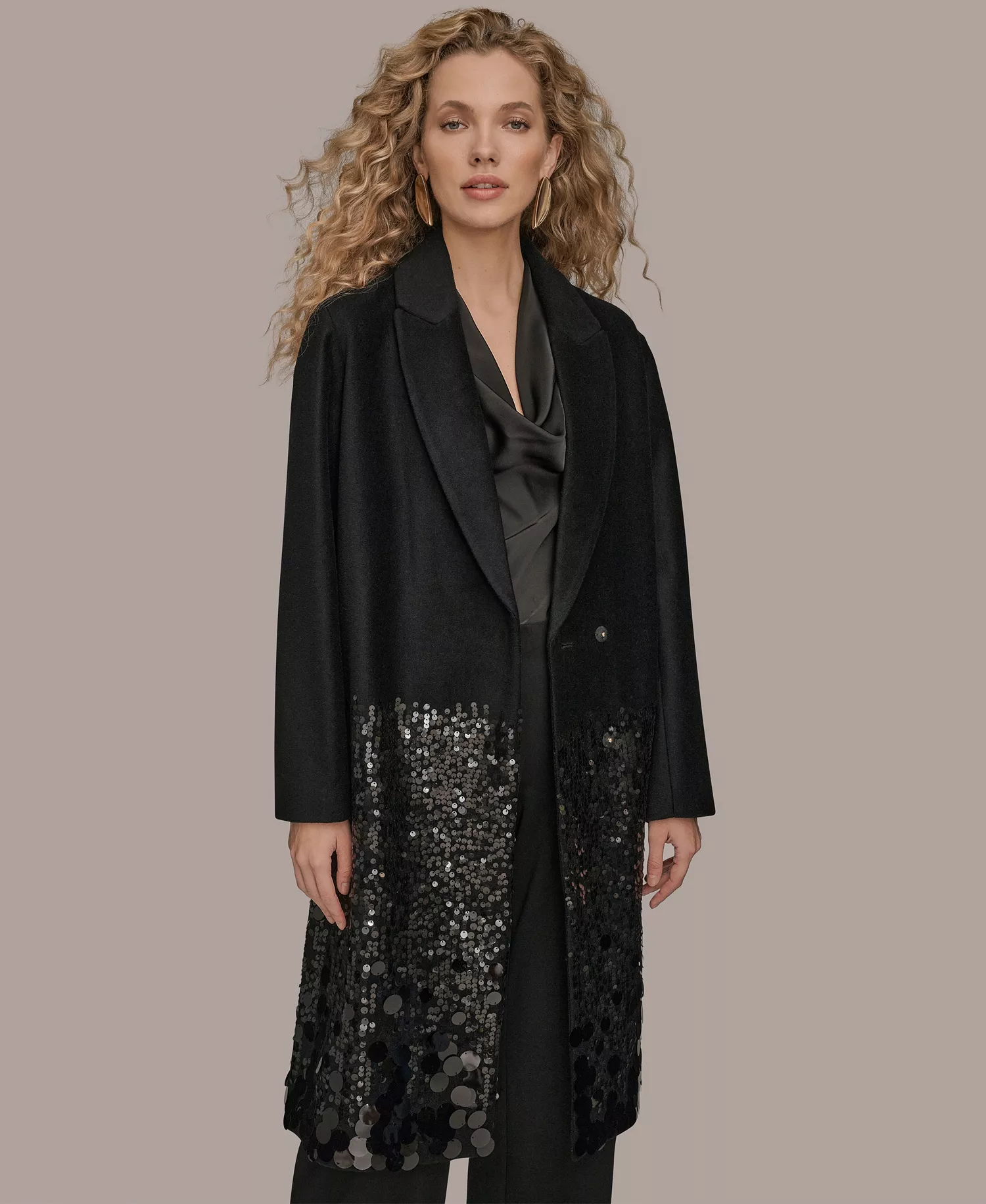 Women's Snap Closure Sequin Embellished Coat - Black - L