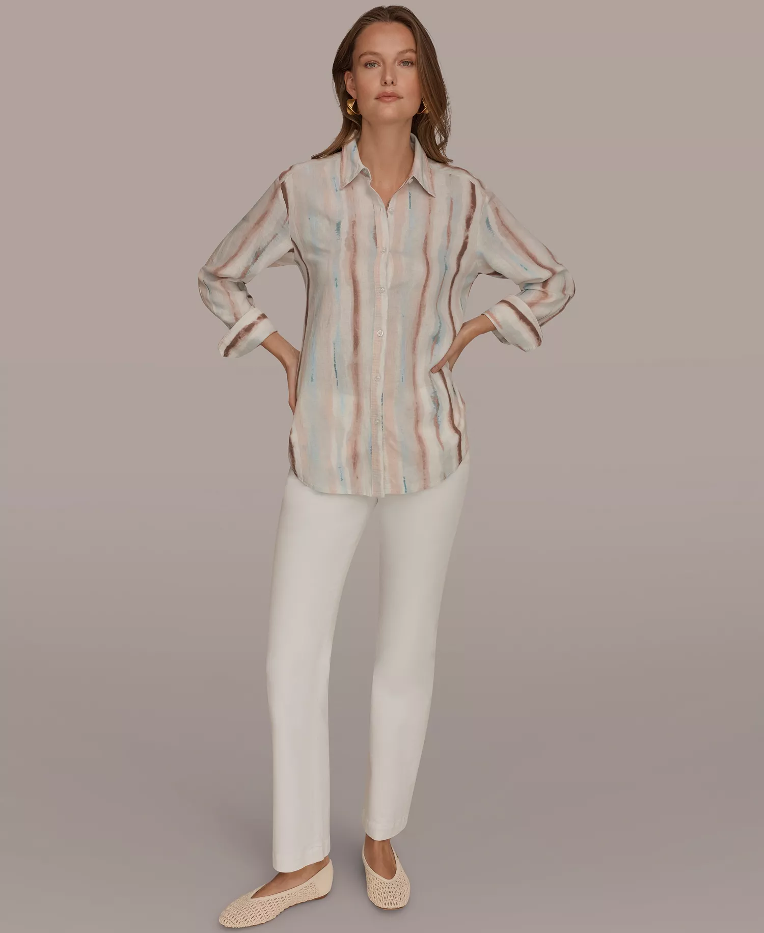 Women's Long-Sleeve Button-Down Shirt - Watercolor Stripe Print - L