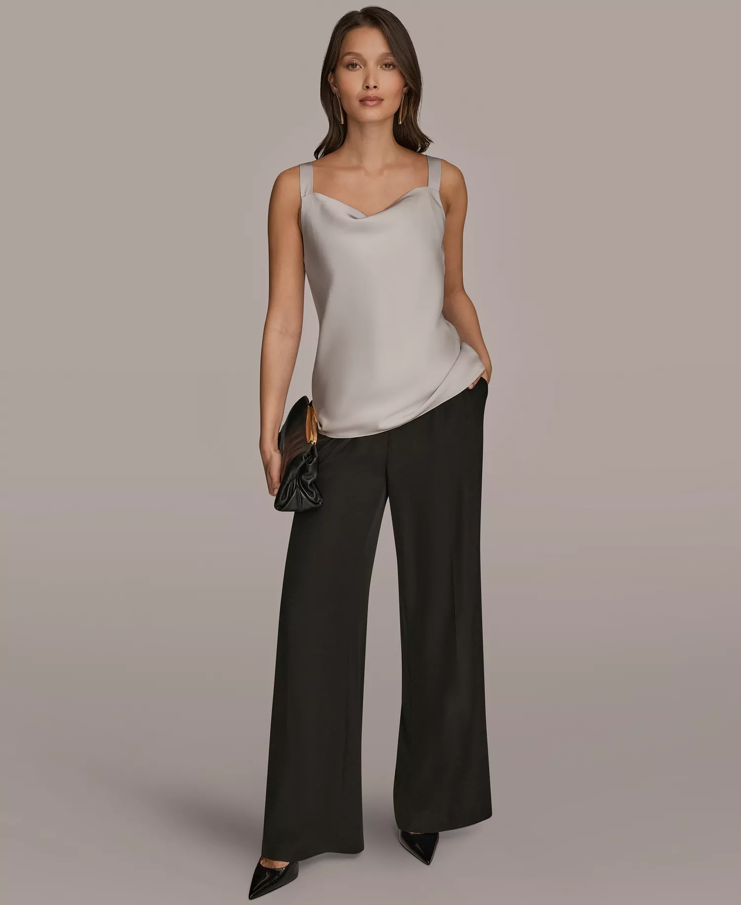 Women's Silk Cowl Neck Sleeveless Camisole Top - Light Grey - L