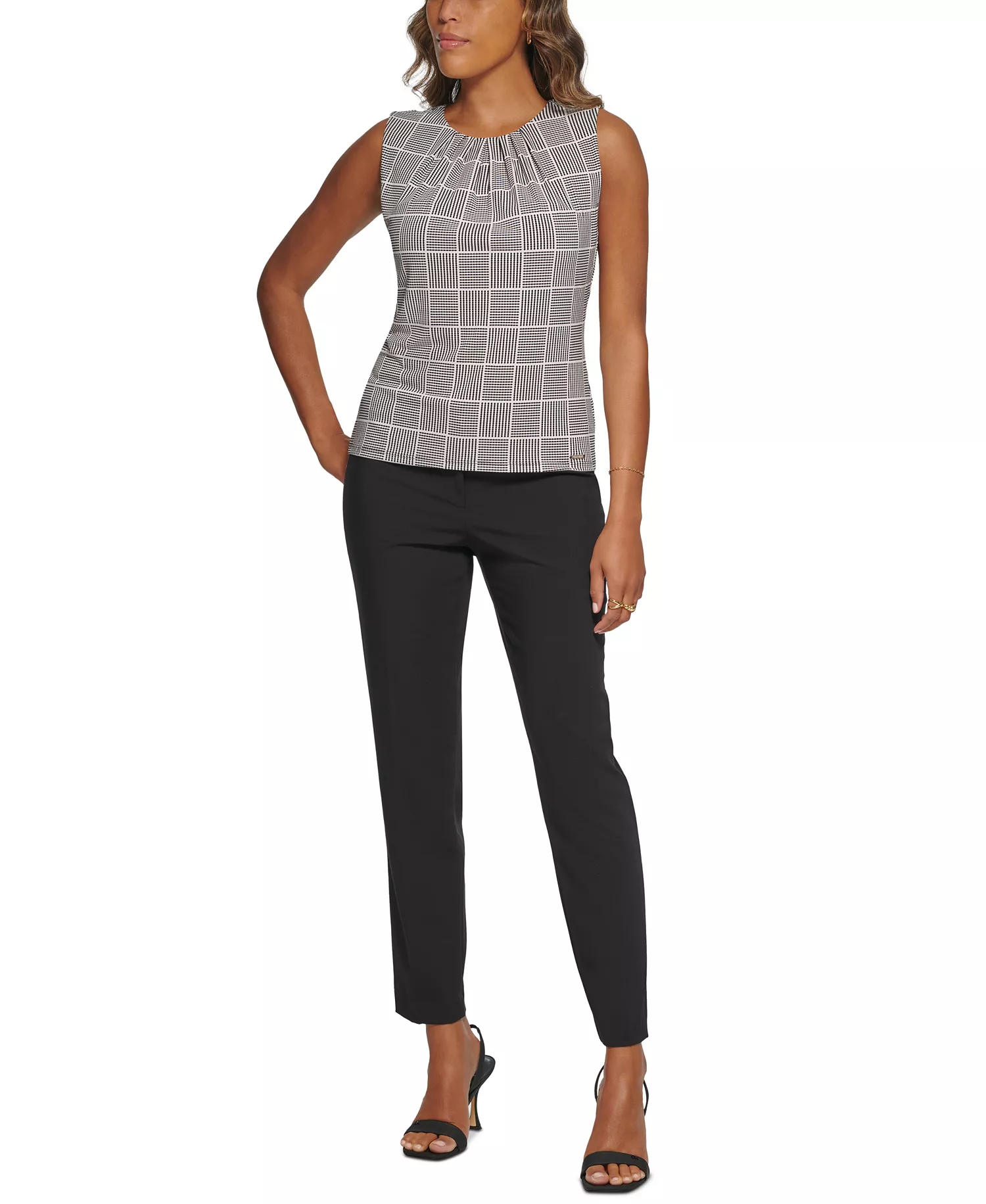 Printed Pleat-Neck Blouse, Regular and Petite Sizes - Black Cream - L