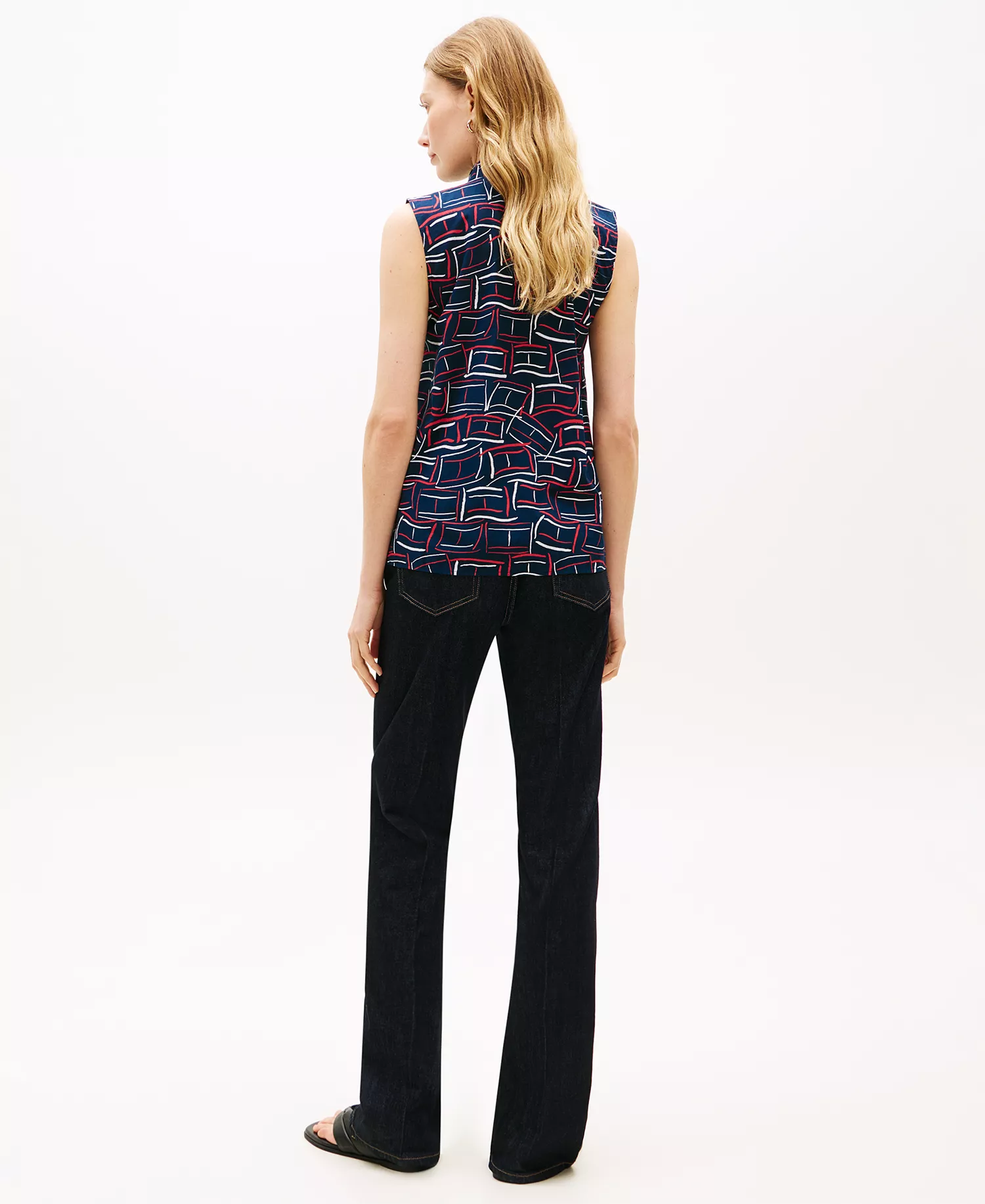 Women's Printed Bow Front Sleeveless Shirt - Blue - L