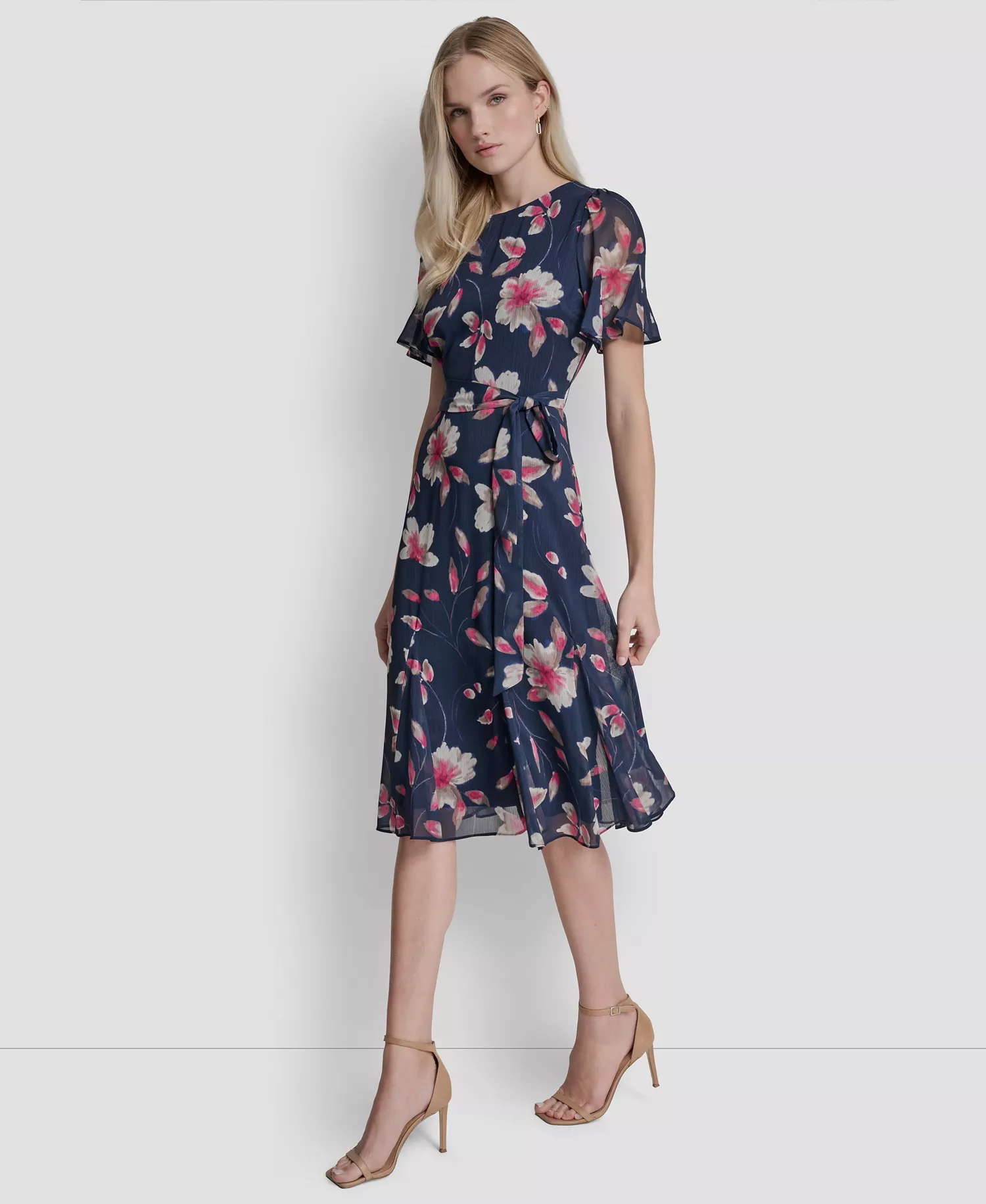 Women's Short Godet-Sleeve Jewel Neck Midi Dress - Indigo Multi - 10