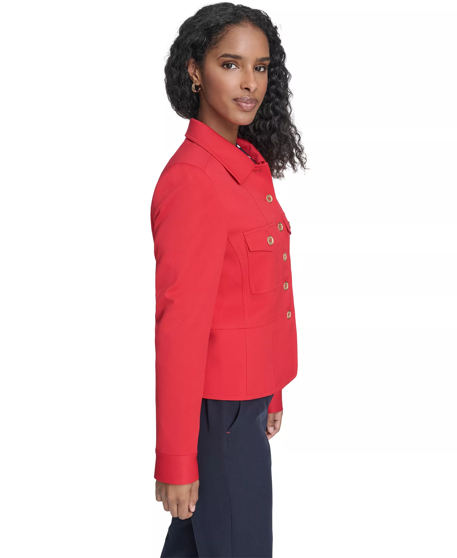 Women's Military Style Button Front Twill Jacket, Sailor Pants and Striped Popover Blouse - Scarlet - 0