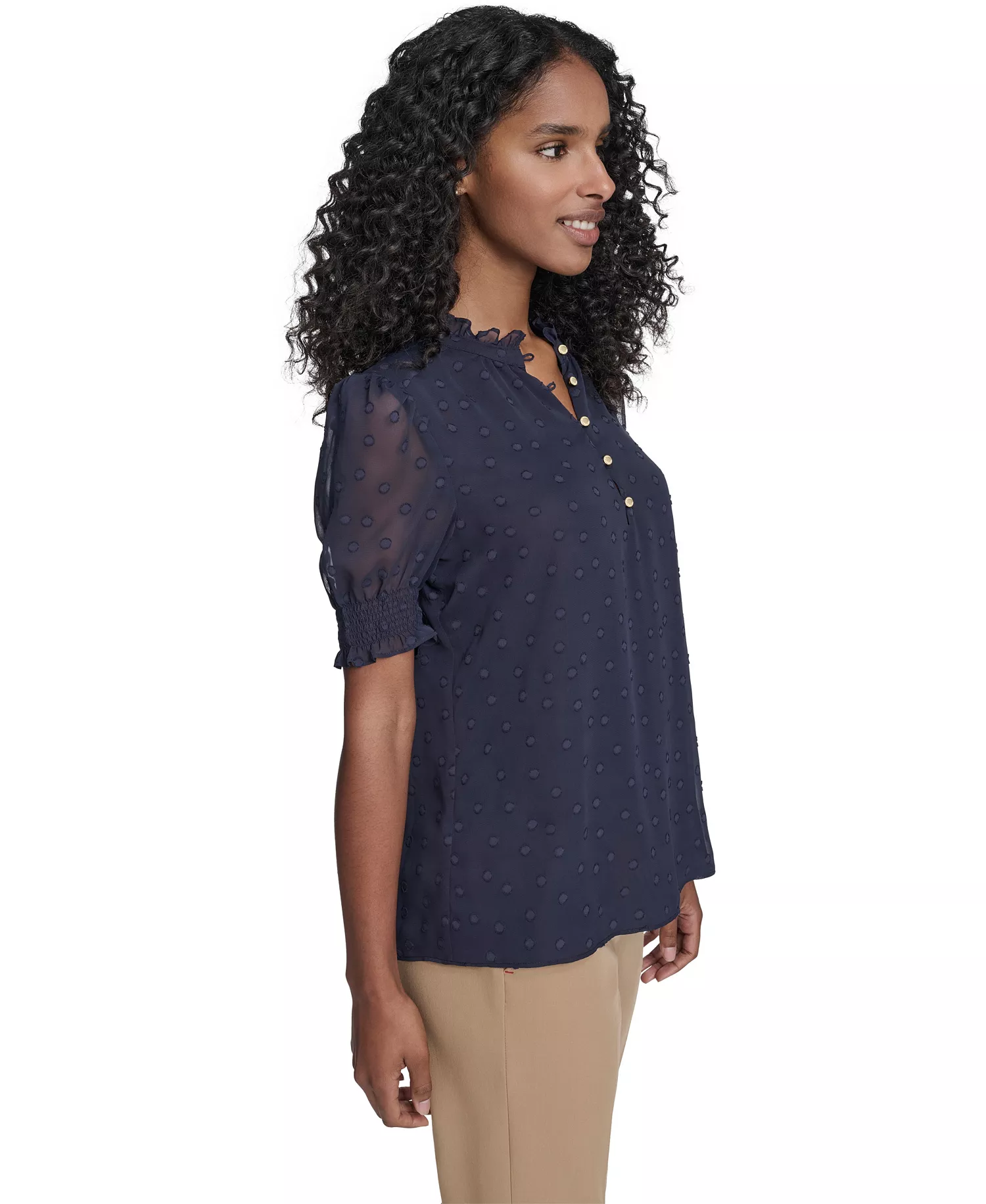 Women's Floral Clip Mock Neck Short Sleeve Blouse - Midnight - L