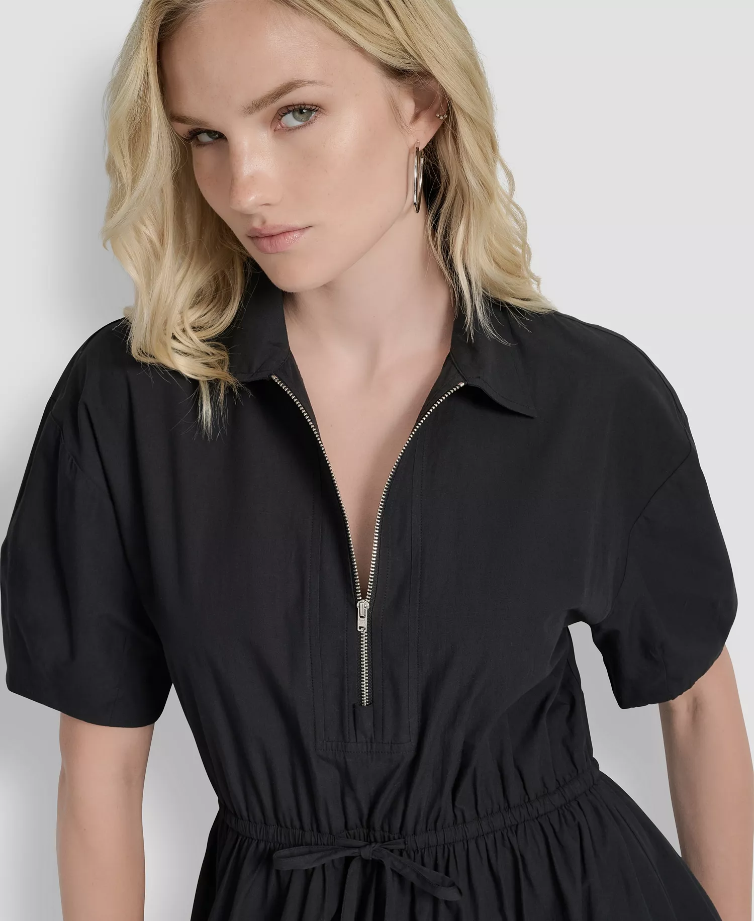 Women's Short-Sleeve Collar Zip Neck Midi Dress - Black - 10