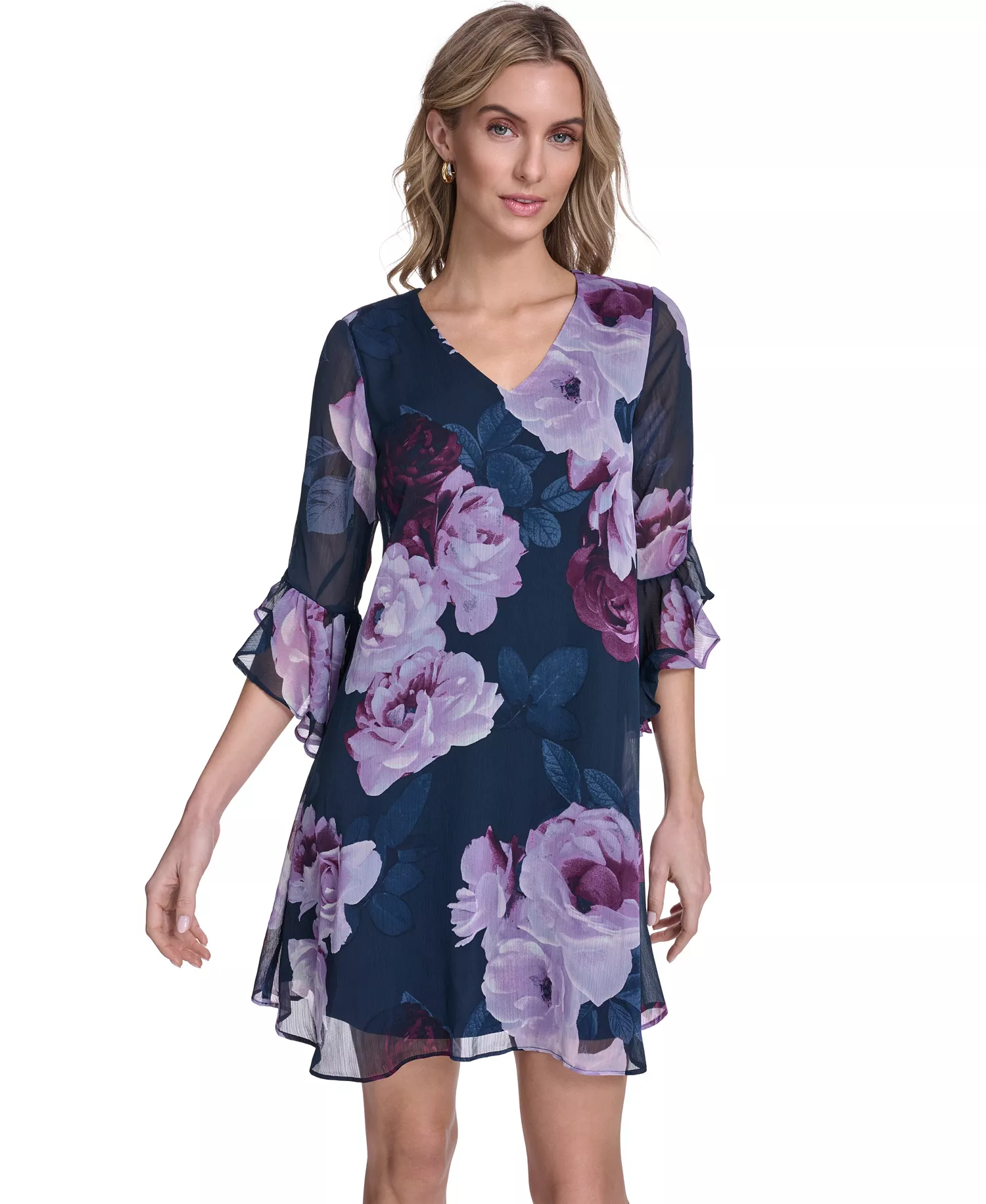 Women's Three-Quarter Sleeve V-Neck Short Dress - Indigo/Regal Multi - 10