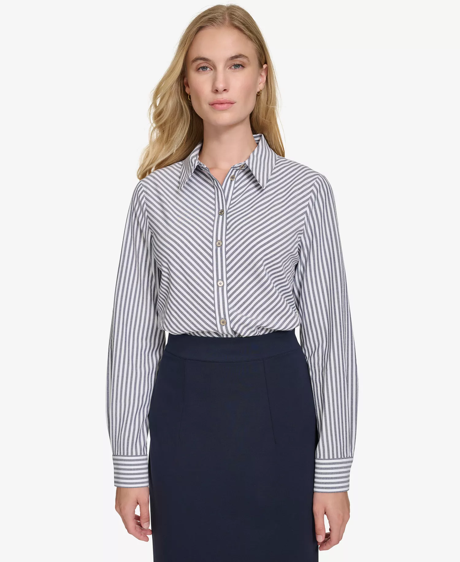 Women's Strip-Print Button-Front Shirt  - Mdnght/ivr - M