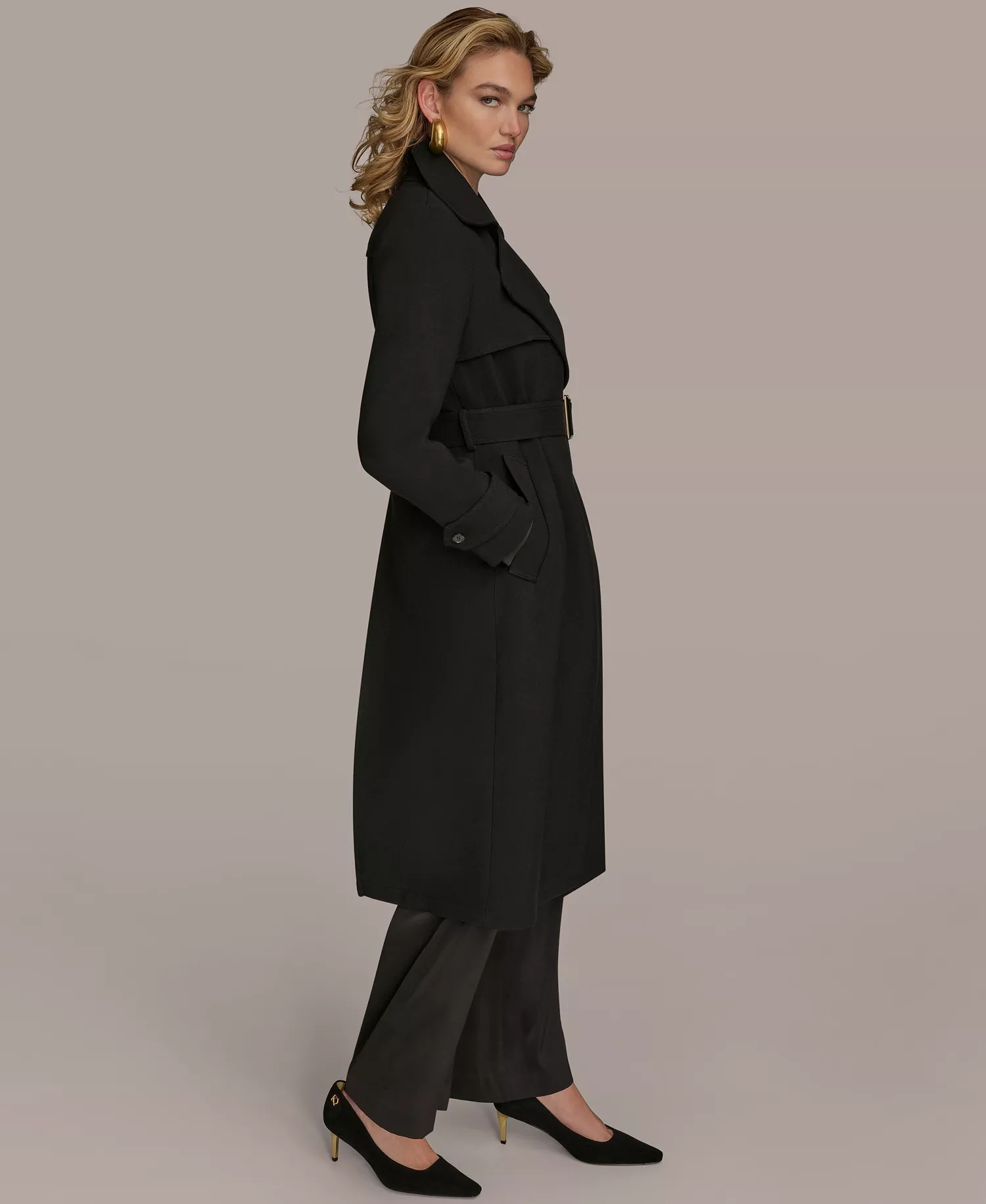 Women's Belted Notched-Collar Trench Coat - Black - L