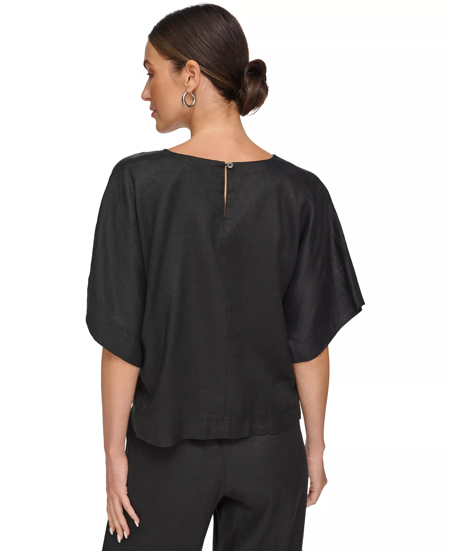 Linen Drop Shoulder Short Sleeve Top - Black - L