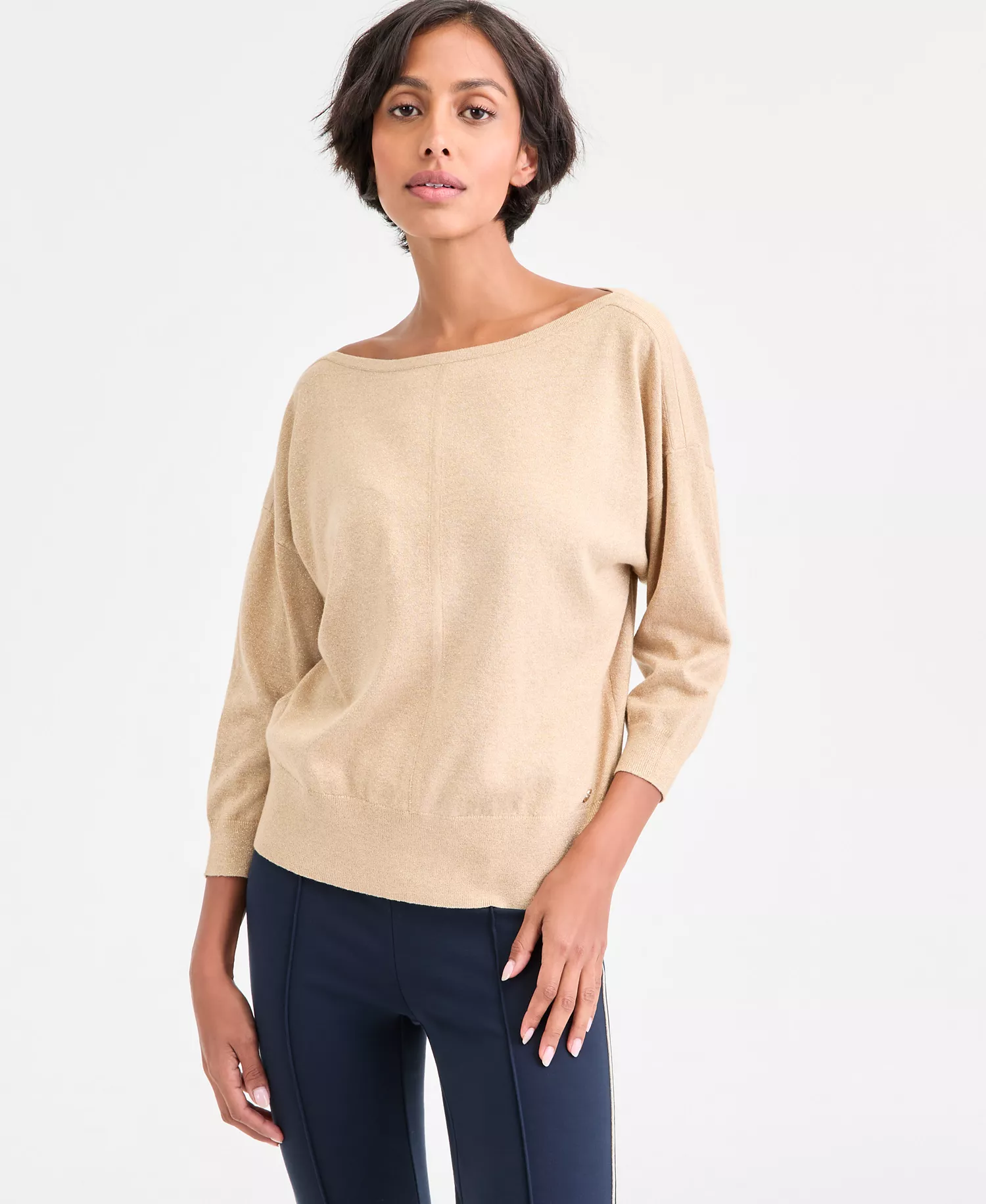 Women's Dolman-Sleeve Boat-Neck Shine Sweater - Light Heather Fawn - S